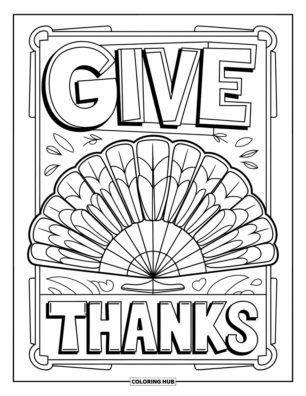 Thankful Coloring Page for Kids: A turkey feather fan on display with "Give Thanks" written in cursive above