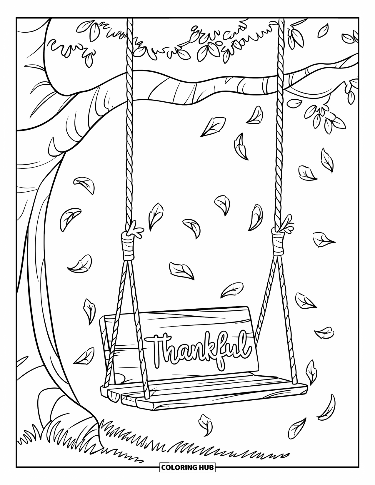 Thankful Coloring Page for Kids: A wooden swing under a tree marked with the word "Thankful"
