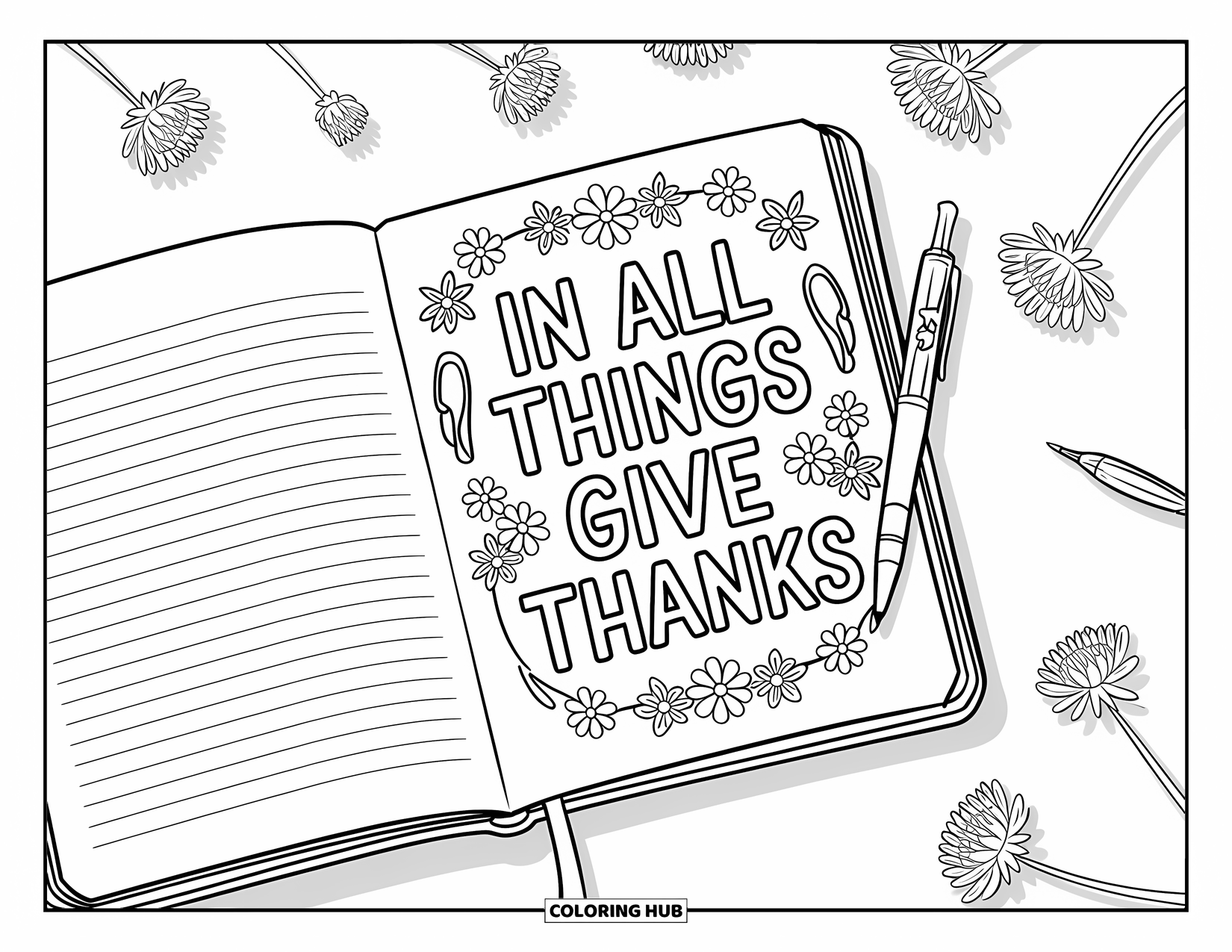Thankful Coloring Page for Kids: An open journal reads "In All Things Give Thanks" with pens and dried flowers nearby