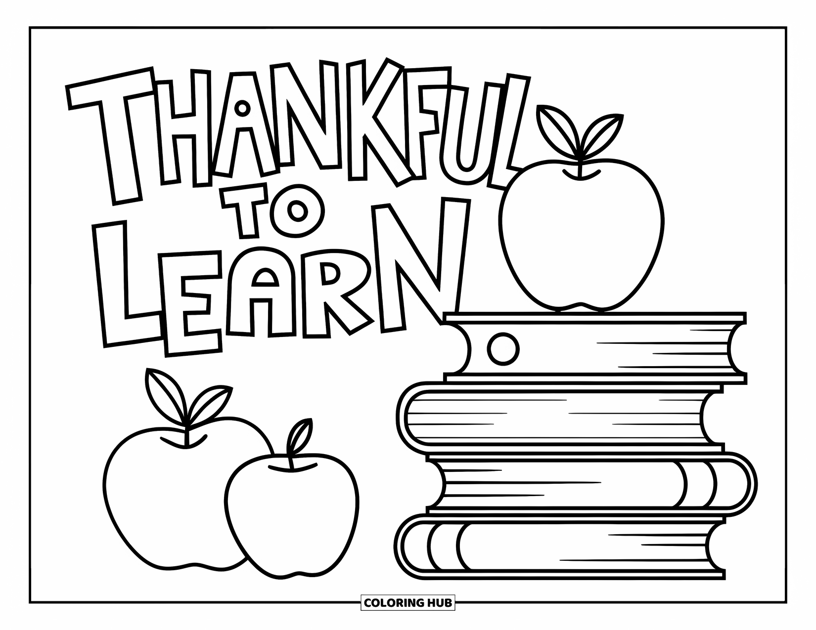Thankful Coloring Page for Kids: Books and apples with a cheerful "Thankful to Learn" message above