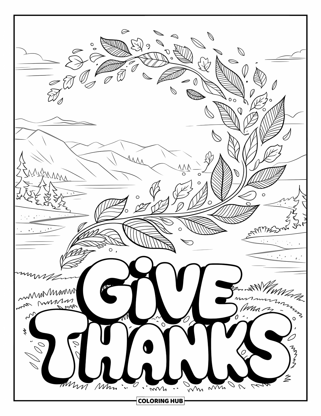 Thankful Coloring Page for Kids: Floating leaves dance beneath big bubble letters spelling "Give Thanks"