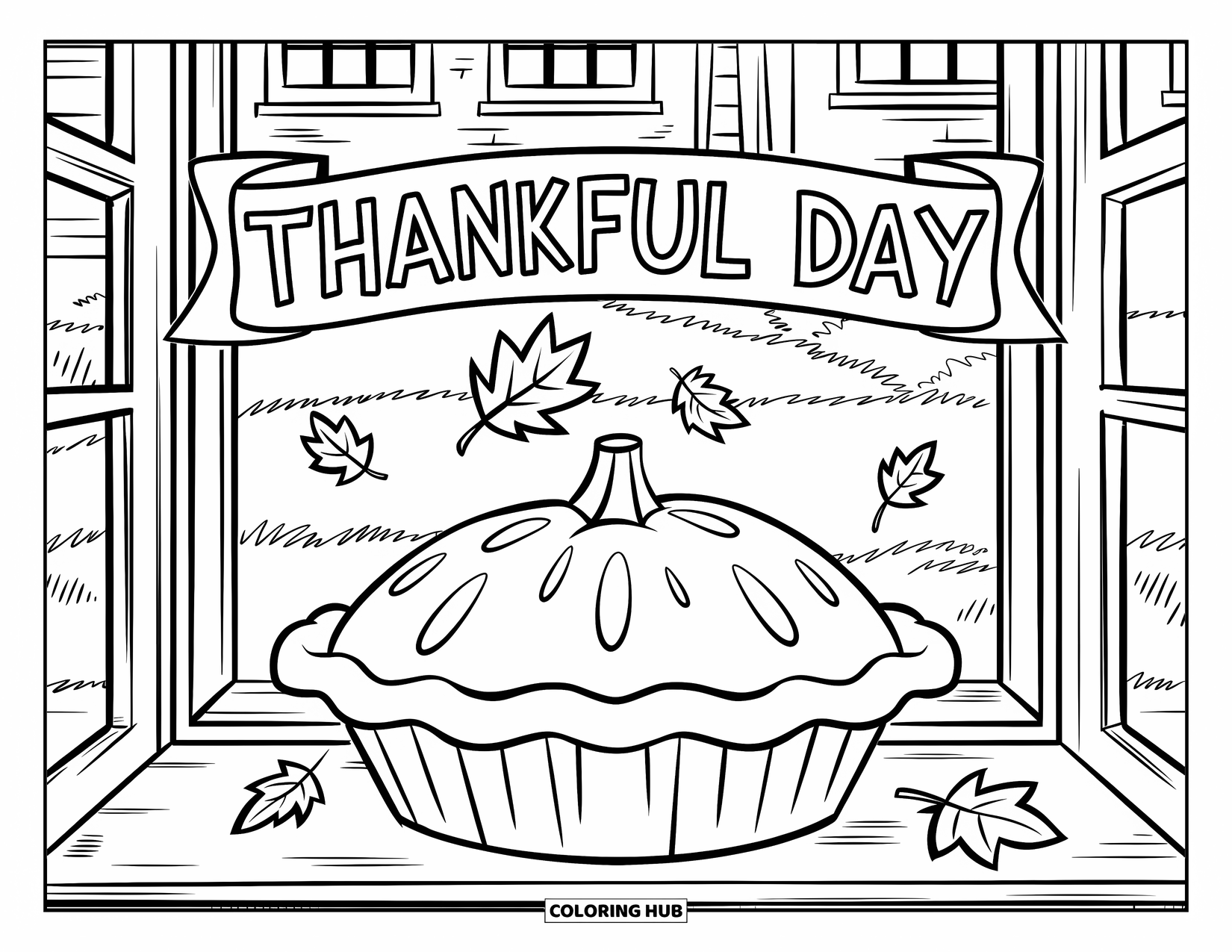 Thankful Coloring Page for Kids: Leaves fall outside as a pie rests by the window marked "Thankful Day"