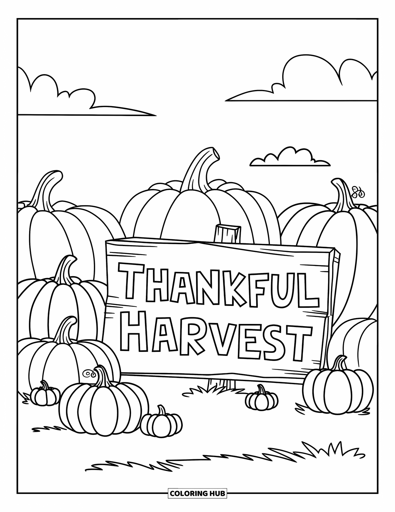 Thankful Coloring Page for Kids: Pumpkins of all sizes gather beneath a "Thankful Harvest" sign
