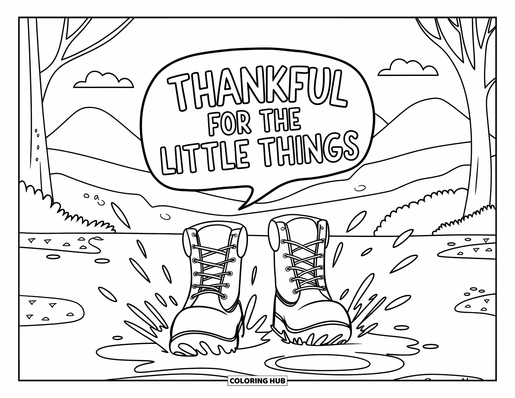 Thankful Coloring Page for Kids: Splashing boots and falling leaves with "Thankful for the Little Things" in a speech bubble