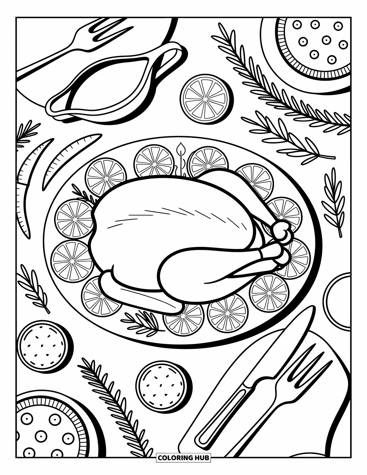 Thanksgiving Food Coloring Page for Adults: A carved turkey is framed by sauces, pies, and fall decorations