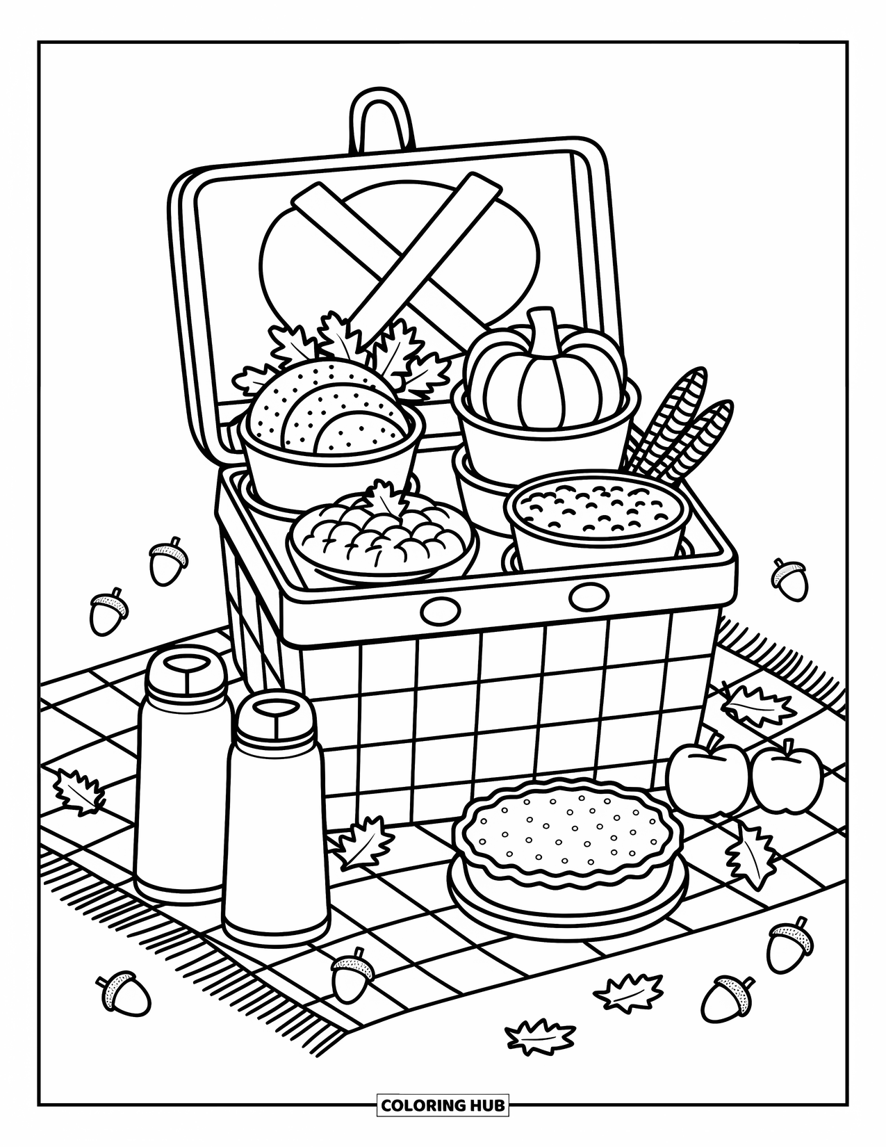 Thanksgiving Food Coloring Page for Adults: A checkered blanket and full picnic basket create a perfect fall feast scene