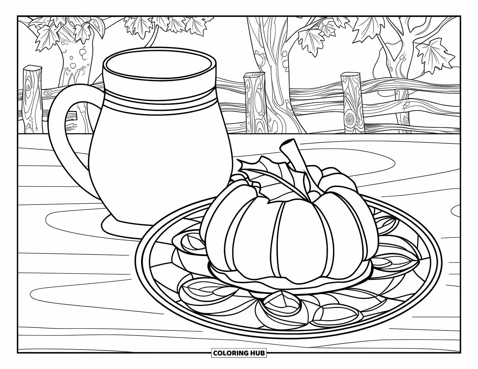 Thanksgiving Food Coloring Page for Adults: A cider mug and dessert rest on a table with swirling stained glass behind them