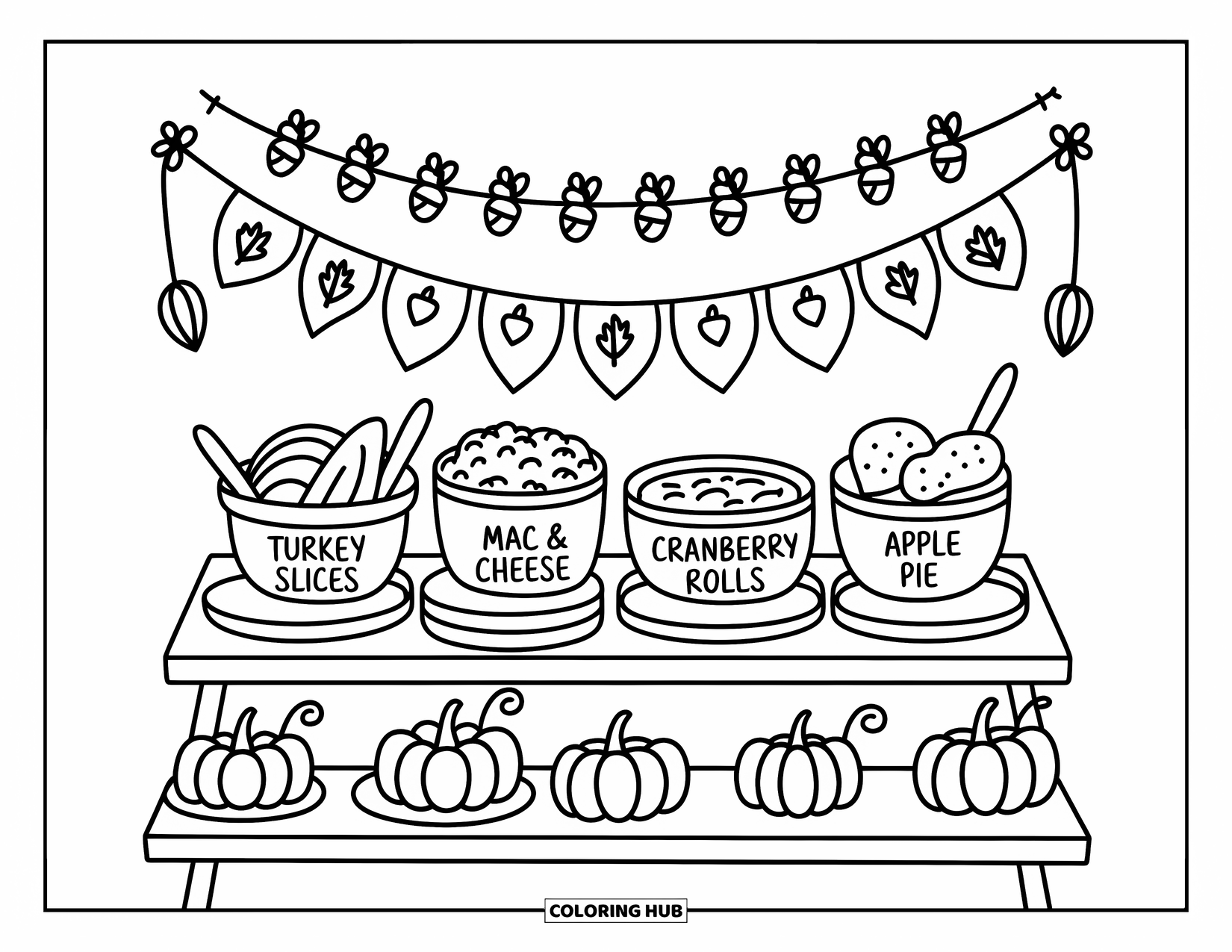 Thanksgiving Food Coloring Page for Adults: A cozy buffet table displays turkey, mac and cheese, rolls, and pies with signs