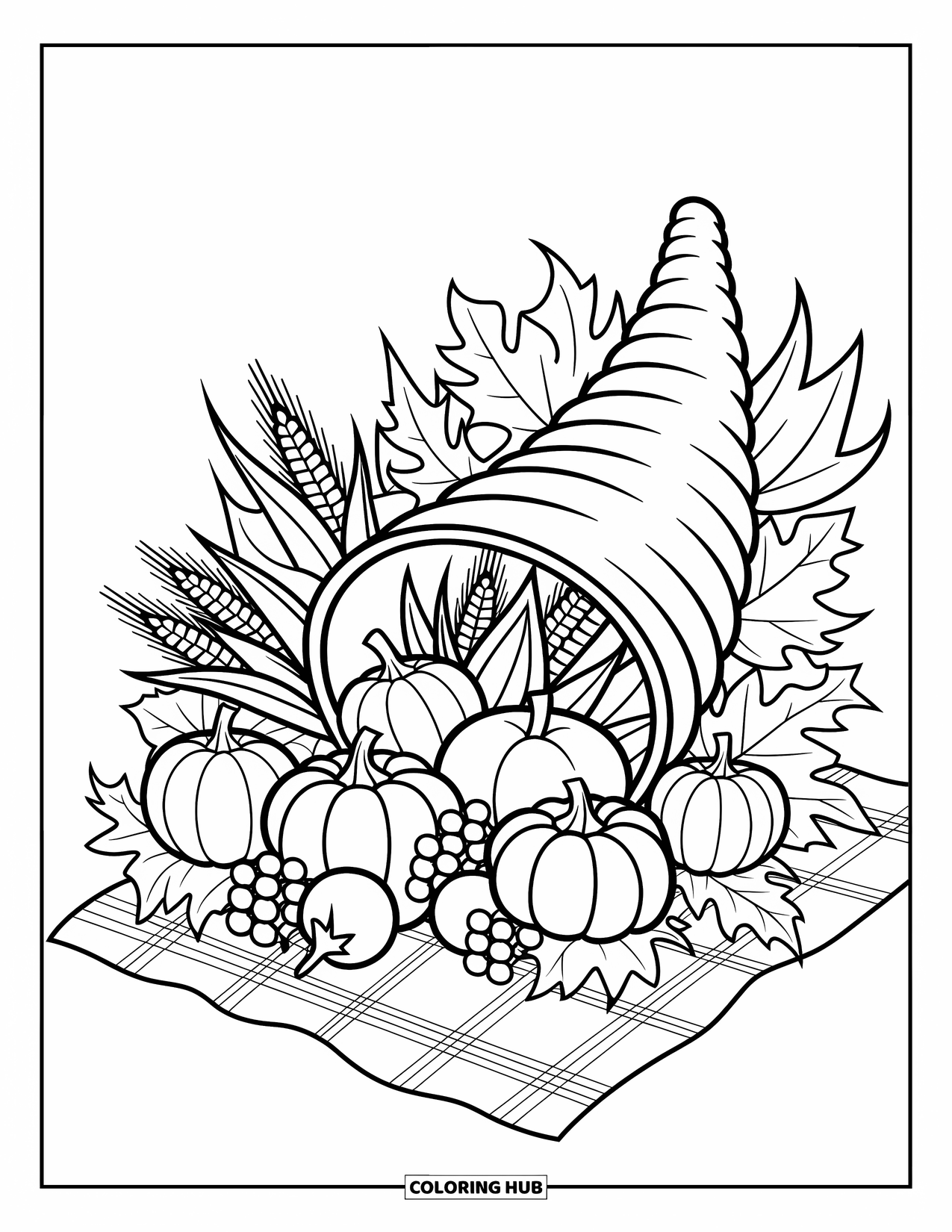 Thanksgiving Food Coloring Page for Adults: A festive harvest horn spills cranberries, gourds, and corn on a plaid blanket