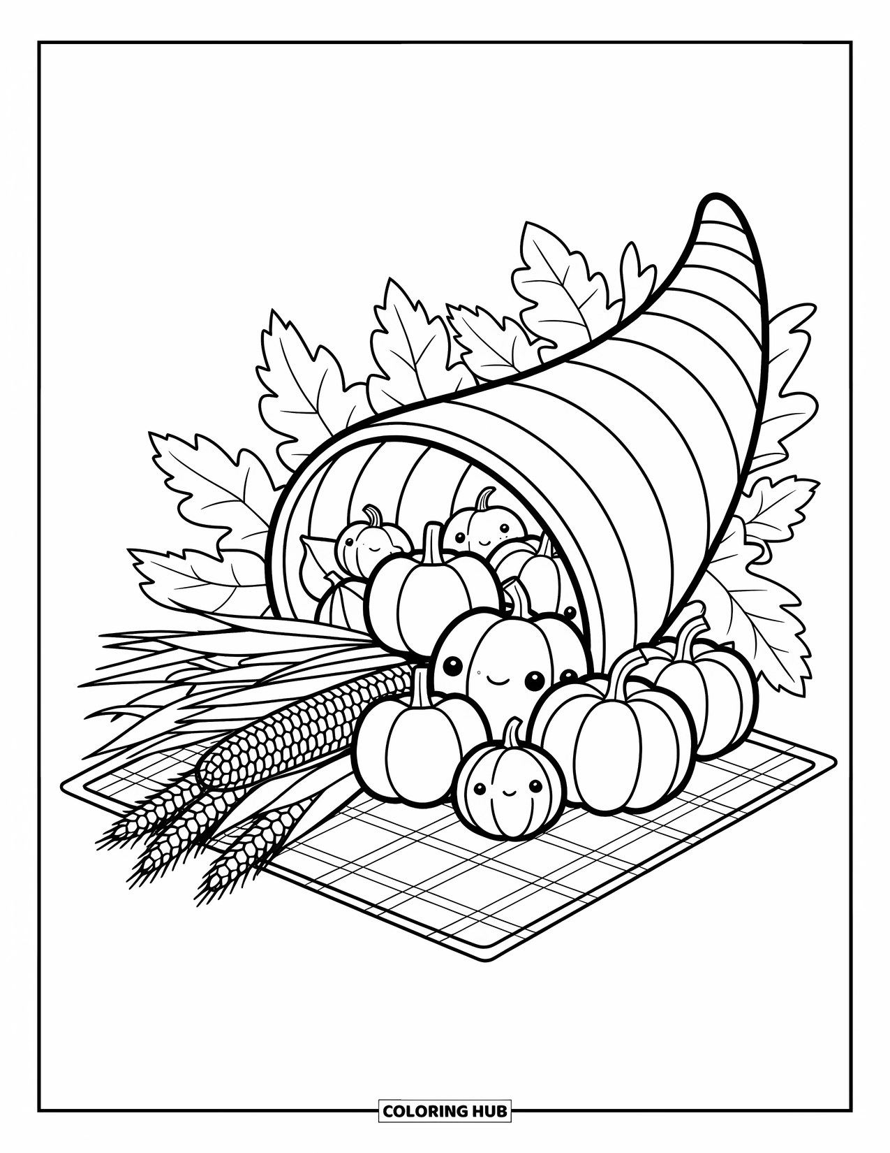 Thanksgiving Food Coloring Page for Adults: A giant cornucopia spills out fruits, veggies, and wheat on a checkered cloth