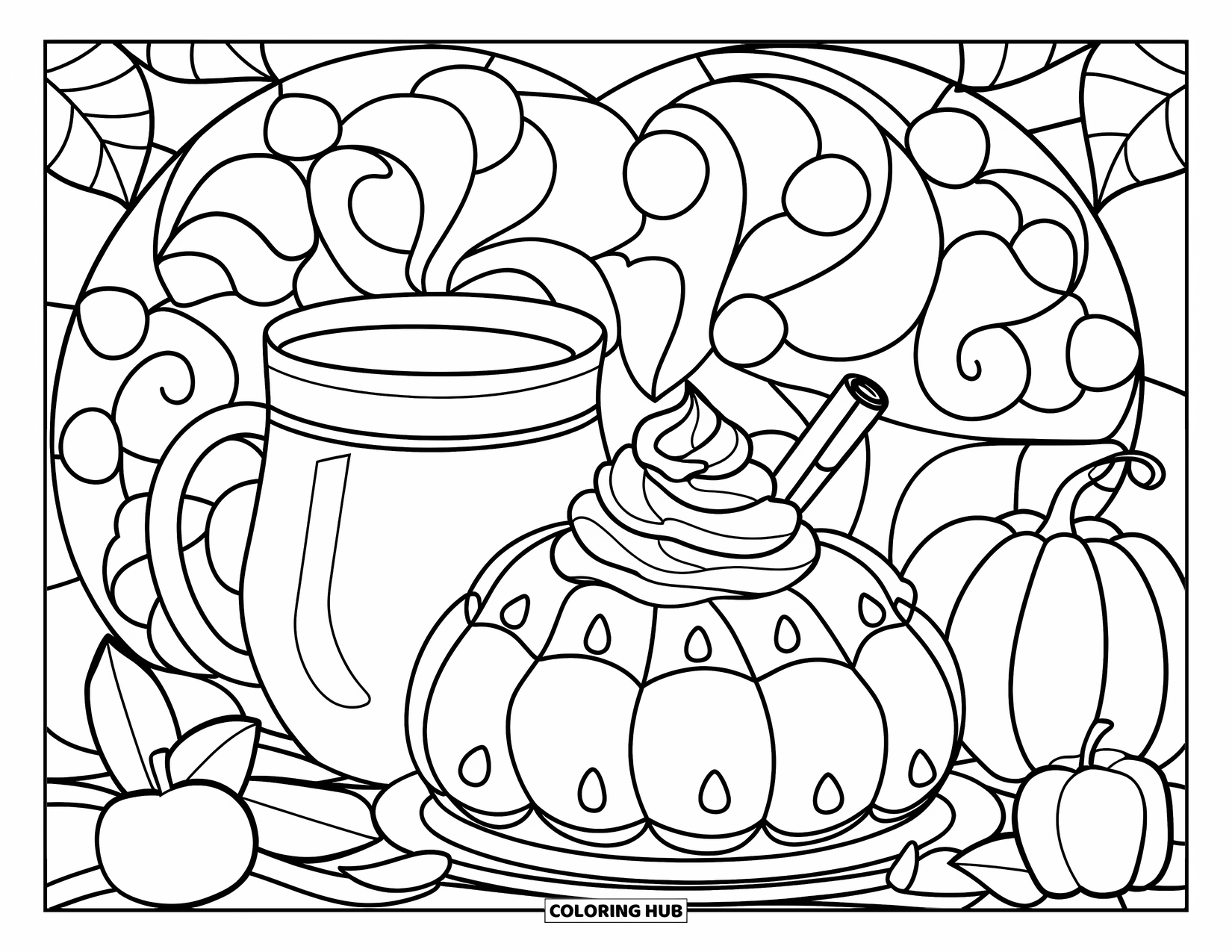 Thanksgiving Food Coloring Page for Adults: A pumpkin-shaped dessert and cider mug are framed by swirling stained glass and leaves