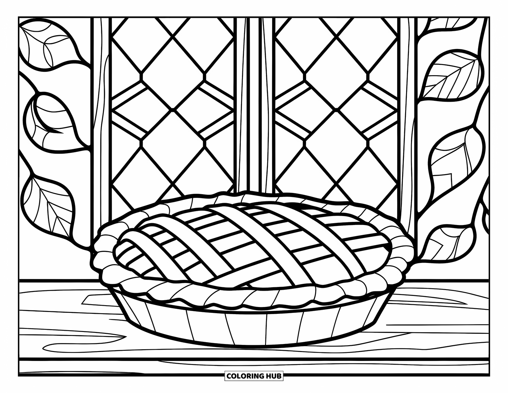 Thanksgiving Food Coloring Page for Adults: A Thanksgiving pie sits near a stained glass window with fall leaves all around