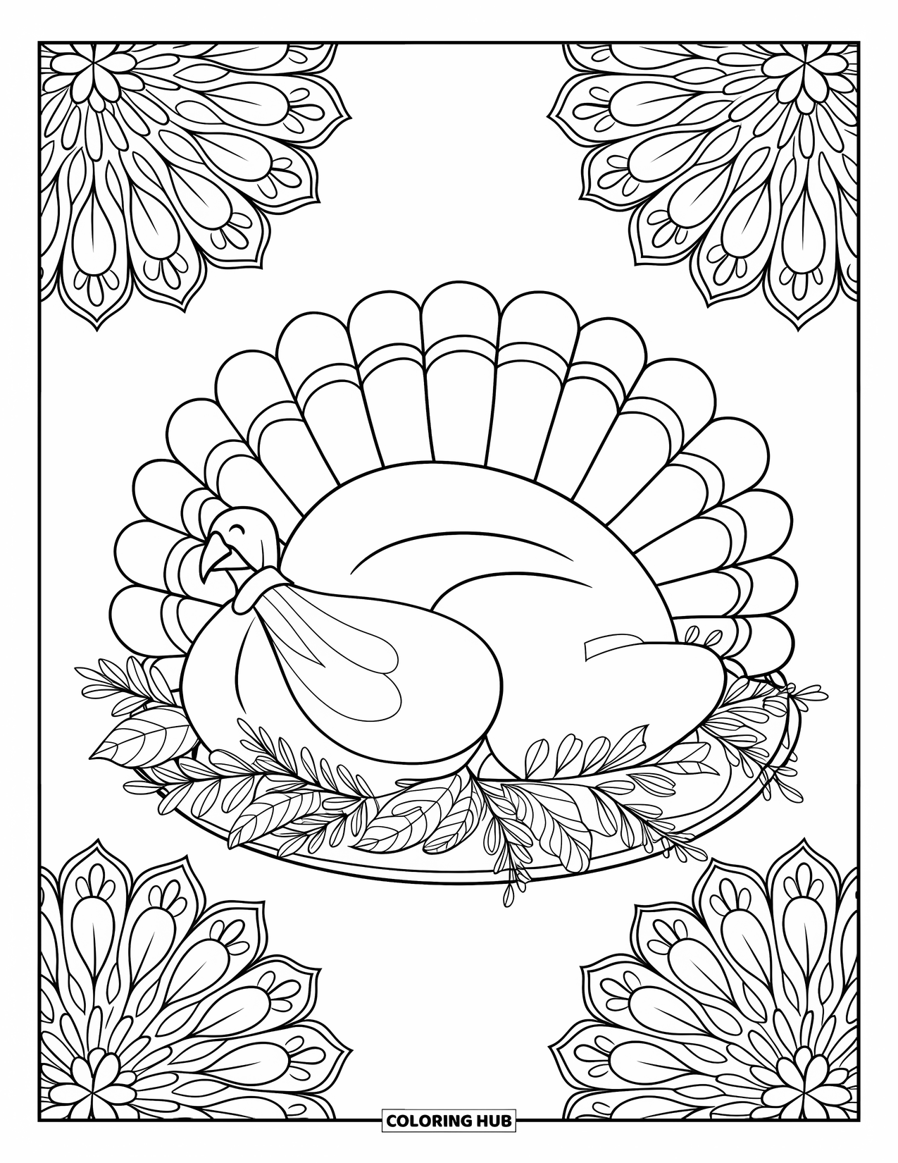 Thanksgiving Food Coloring Page for Adults: A Thanksgiving turkey rests on a platter surrounded by botanical mandala patterns