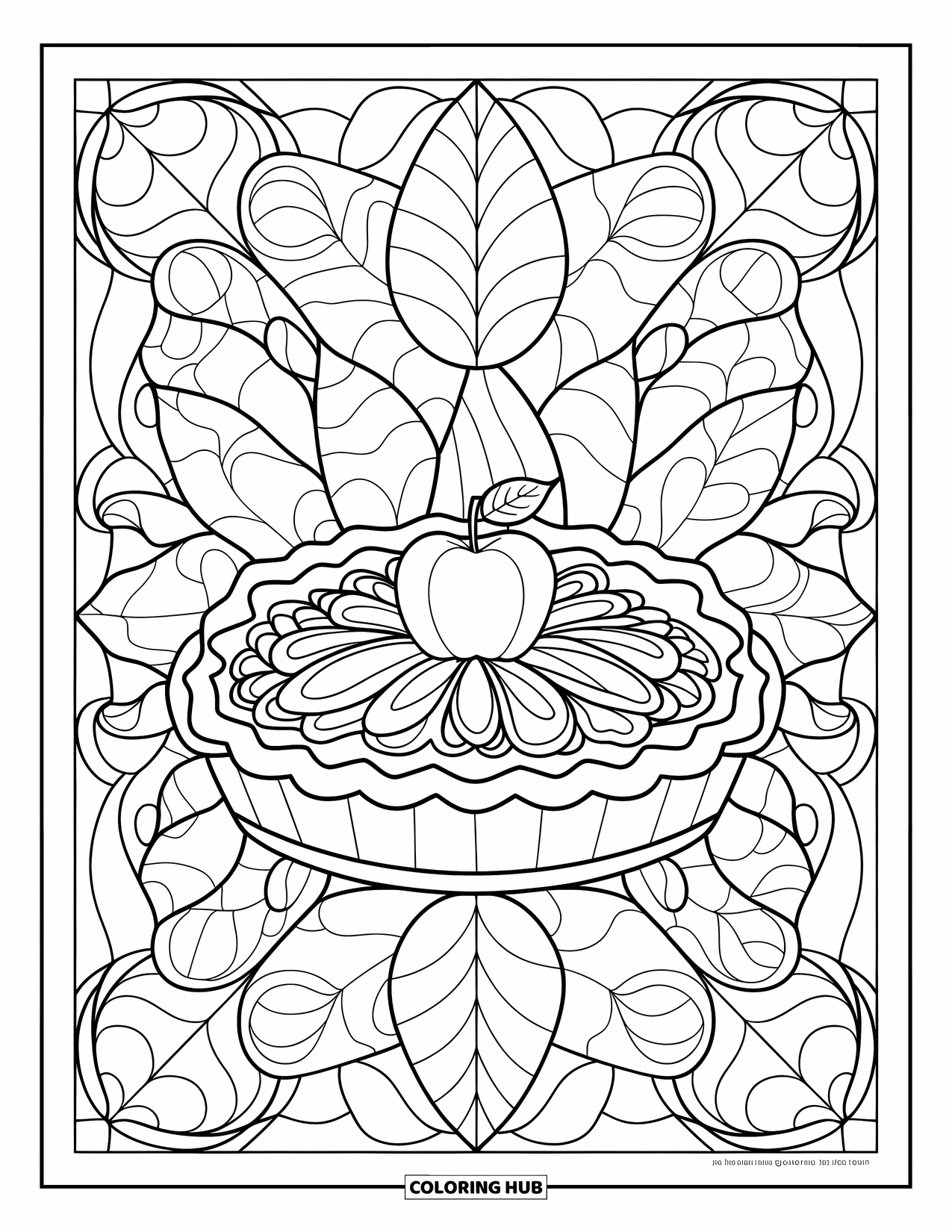 Thanksgiving Food Coloring Page for Adults: An apple pie sits at the center of stained glass leaves and fine patterns