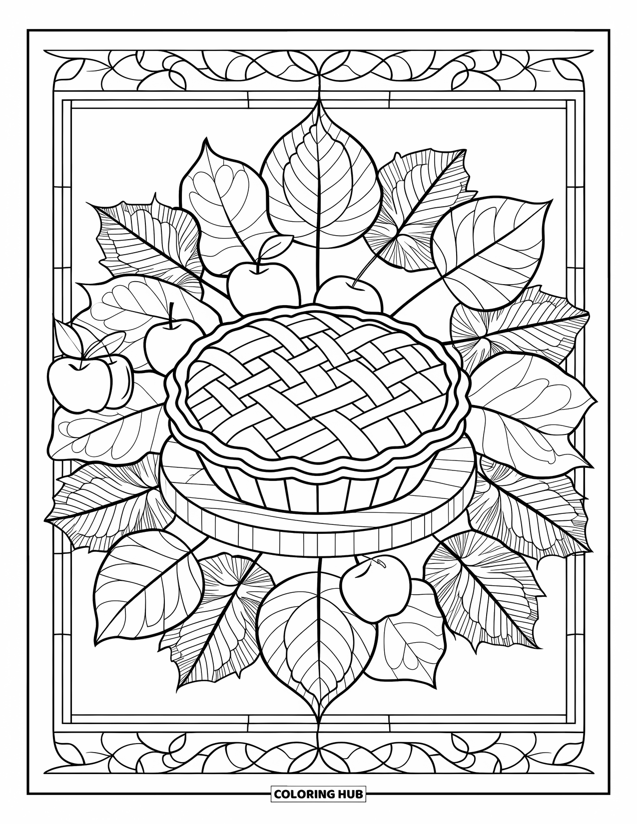 Thanksgiving Food Coloring Page for Adults: An apple pie with a lattice crust is framed by stained glass and apples