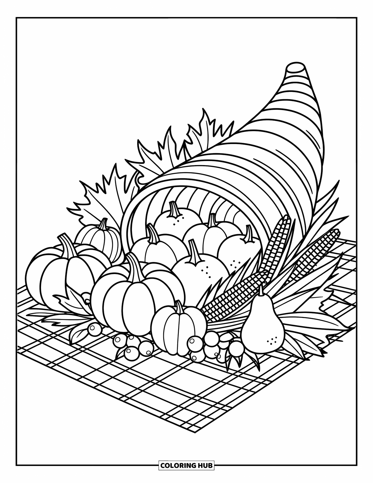 Thanksgiving Food Coloring Page for Adults: An overflowing cornucopia rests on a picnic cloth with apples, pears, and vines