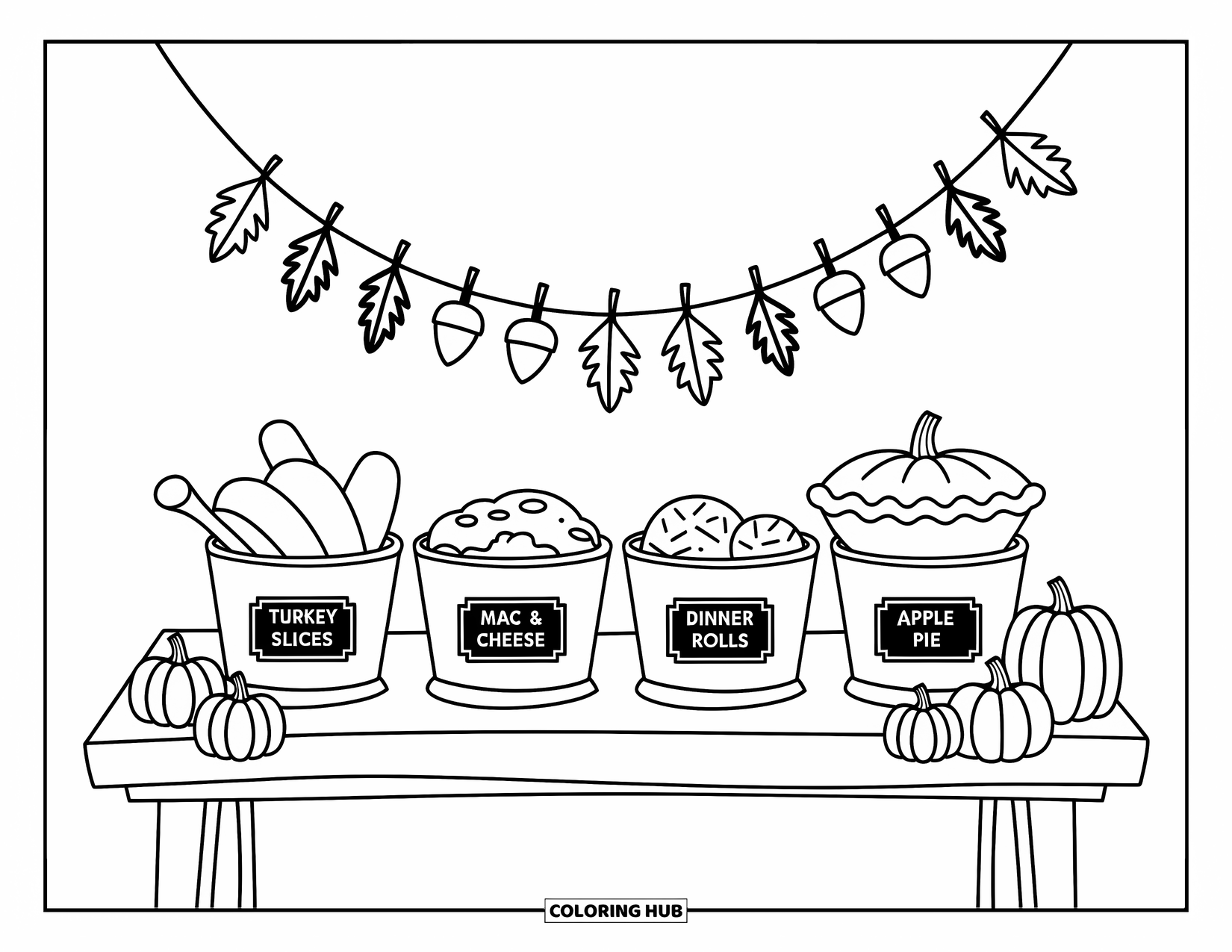 Thanksgiving Food Coloring Page for Adults: Chalkboard labels mark cute containers of classic dishes on a festive buffet table