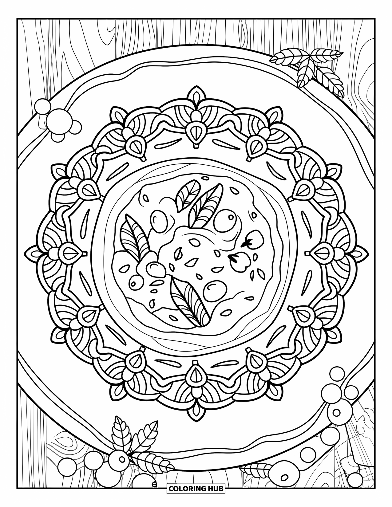 Thanksgiving Food Coloring Page for Adults: Cranberry sauce on a board sits inside a vine-filled floral mandala frame