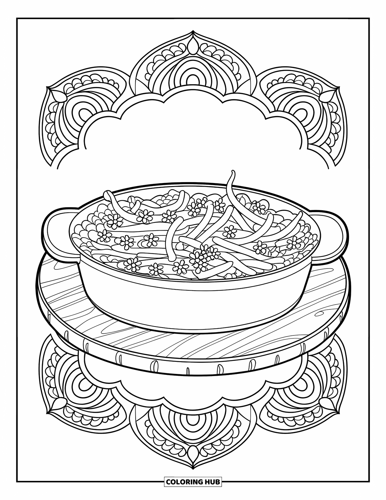 Thanksgiving Food Coloring Page for Adults: Green bean casserole rests on a tray surrounded by floral mandala patterns