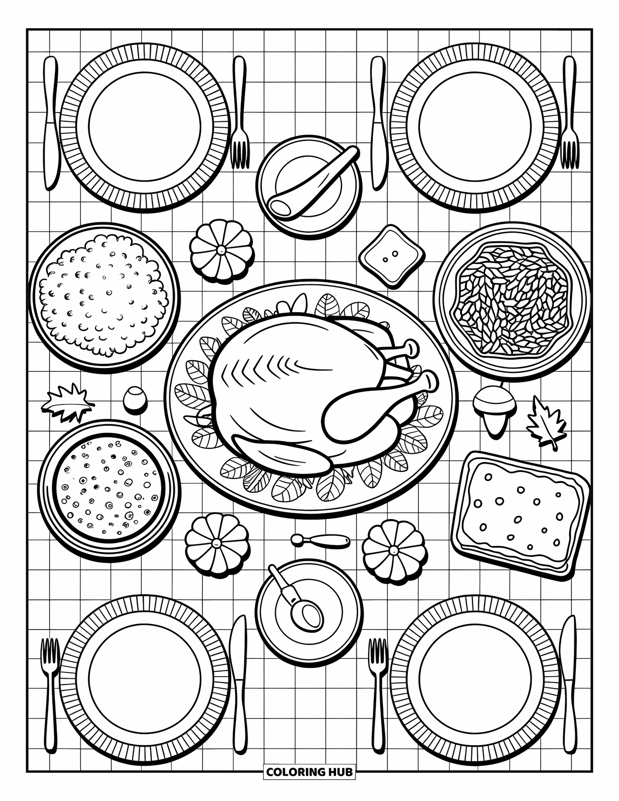 Thanksgiving Food Coloring Page for Adults: Roasted turkey and Thanksgiving dishes fill a table set with cozy charm