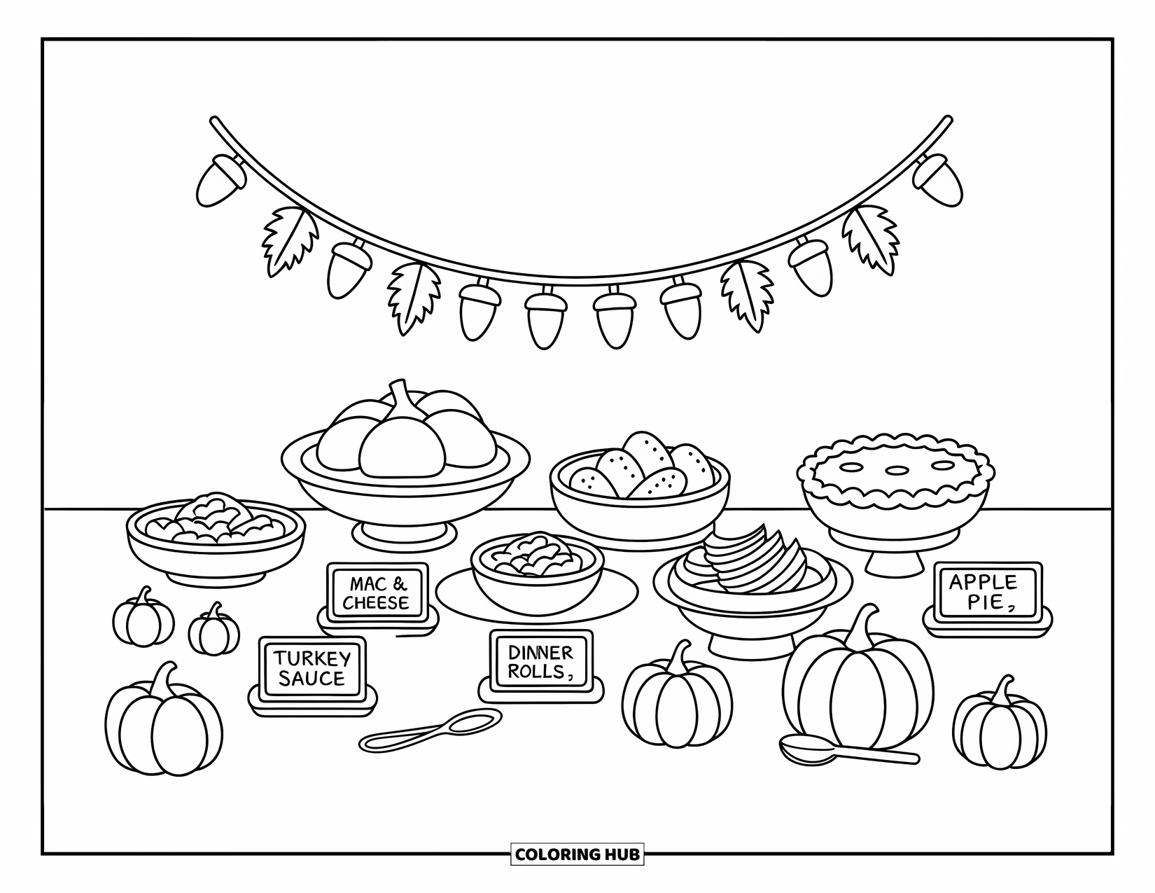 Thanksgiving Food Coloring Page for Adults: Tiny pumpkins and labeled trays make this buffet table feel warm and welcoming