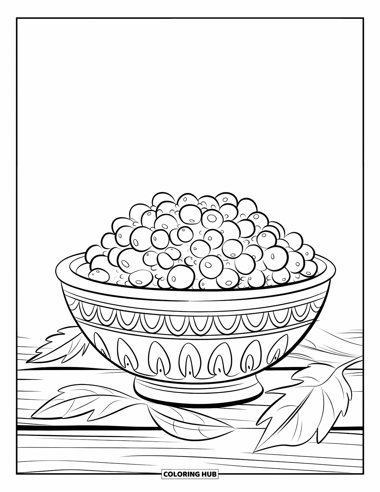 Thanksgiving Food Coloring Page for Kids: A bowl of cranberry relish sits on a wooden surface with autumn leaves nearby