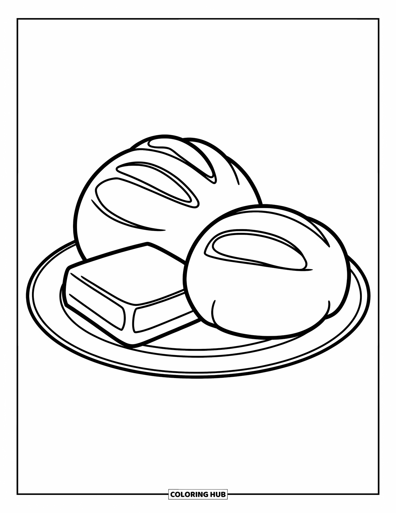 Thanksgiving Food Coloring Page for Kids: A bread roll sits on a plate beside a pat of butter