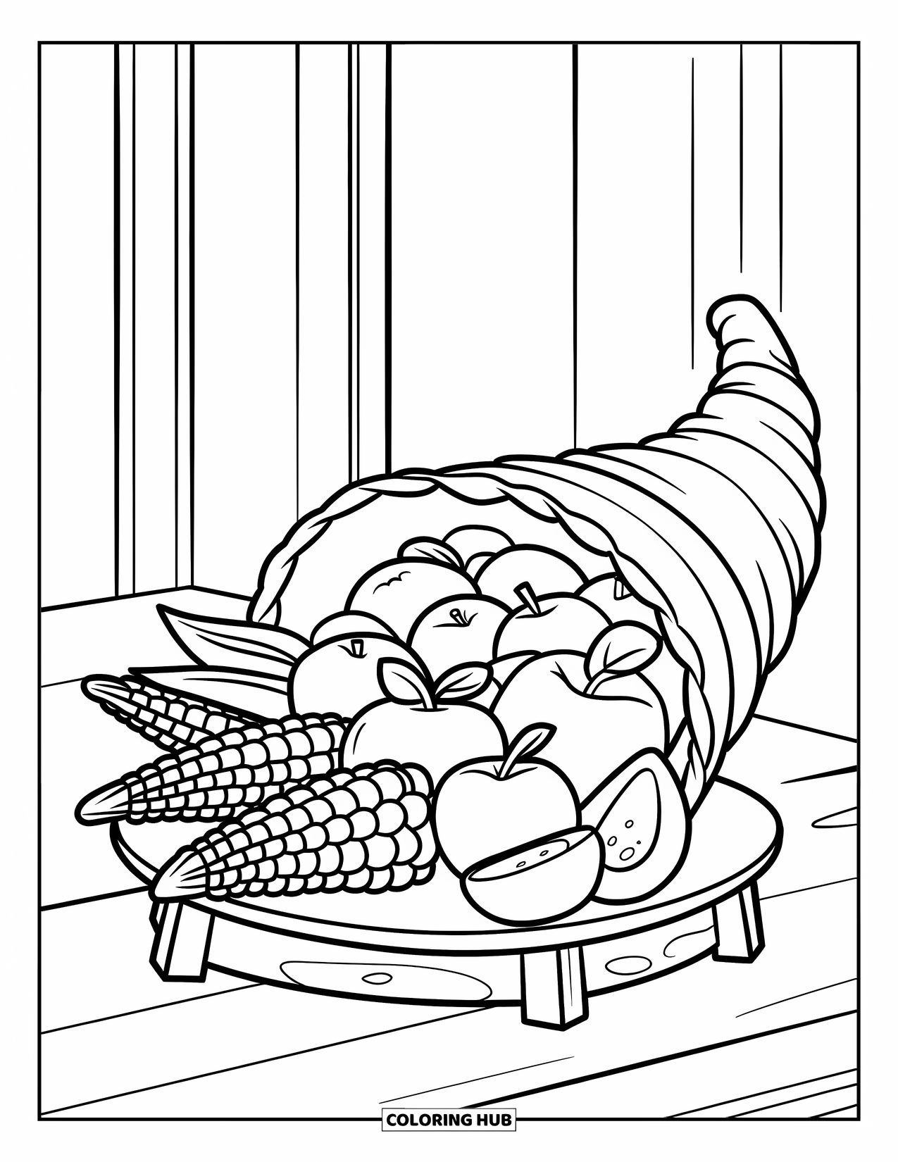 Thanksgiving Food Coloring Page for Kids: A clean cornucopia bursts with apples, bananas, and corn