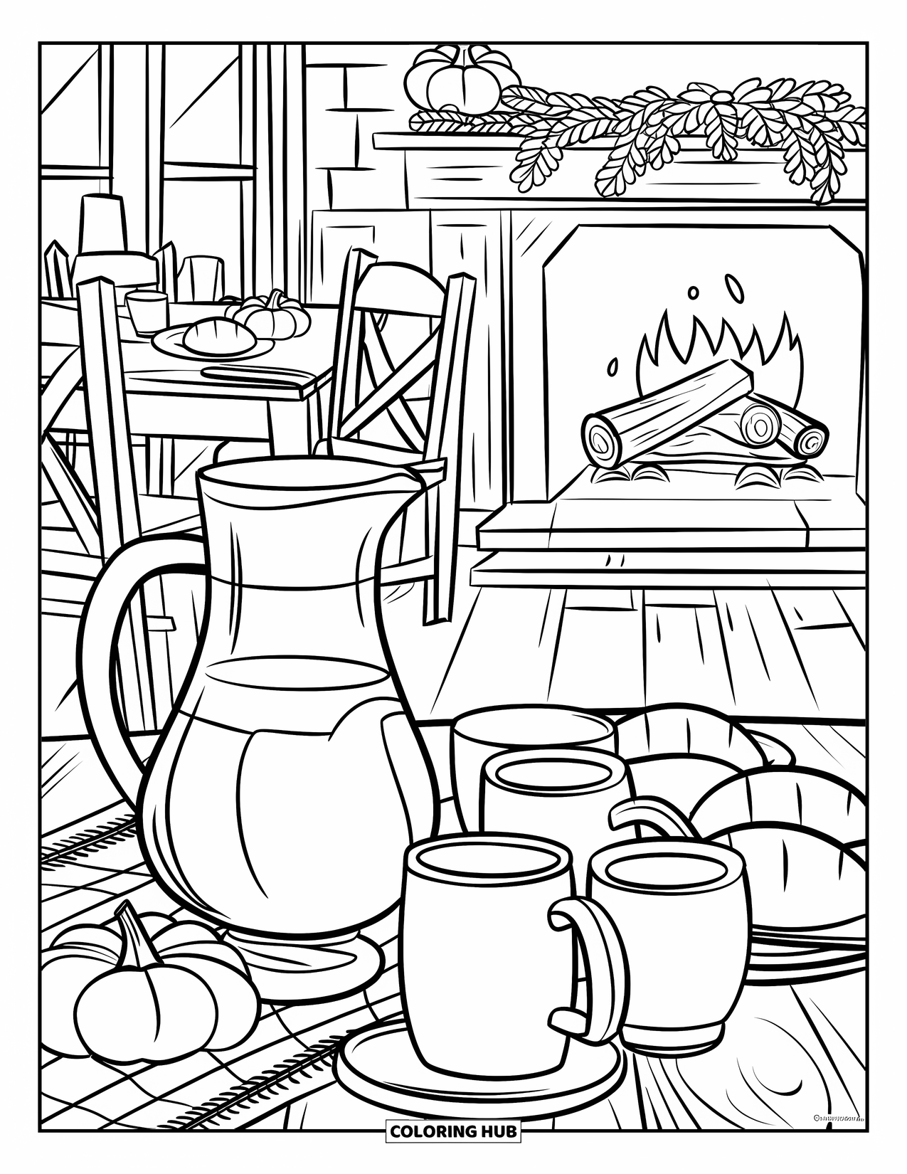 Thanksgiving Food Coloring Page for Kids: A cozy room with a rustic table features cider, mugs, and fall decor