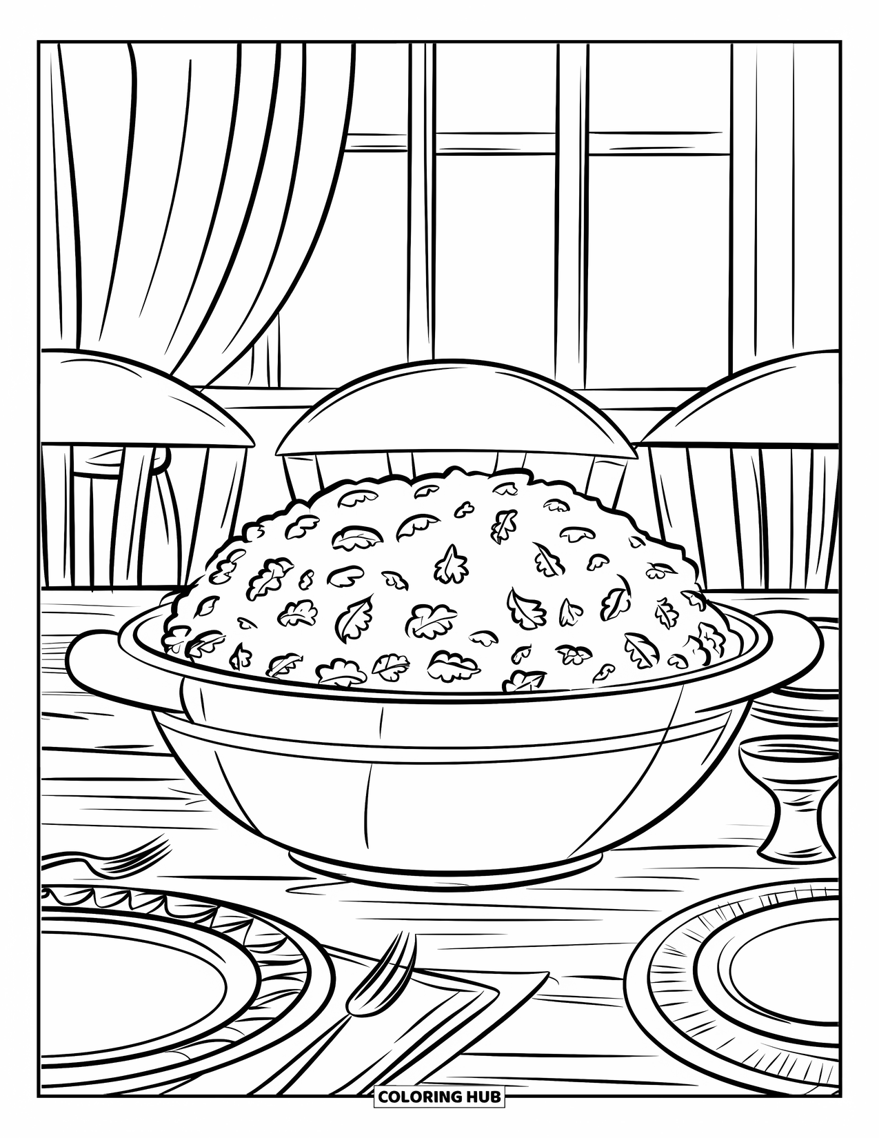 Thanksgiving Food Coloring Page for Kids: A hot bowl of stuffing sits near plates, gravy, and a cozy window view