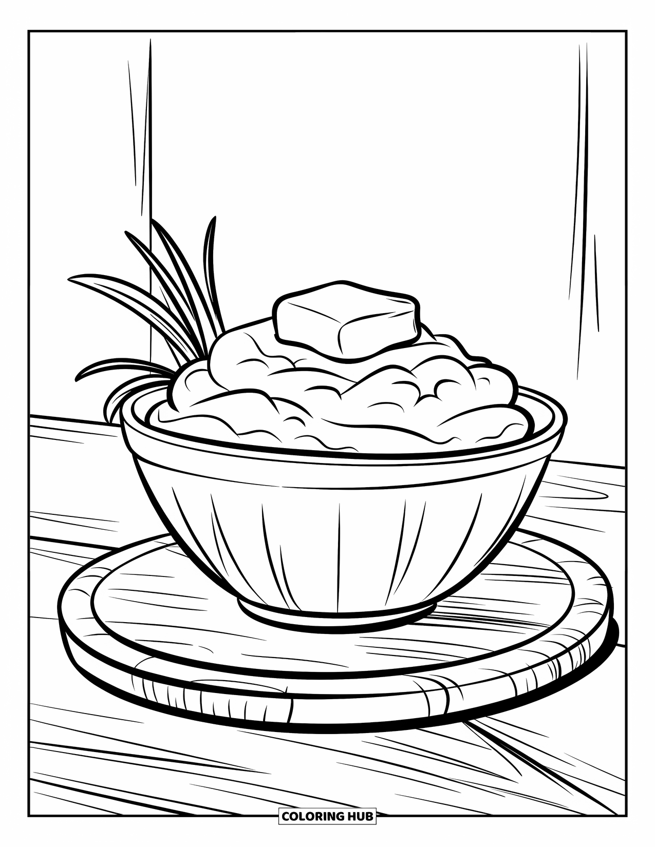 Thanksgiving Food Coloring Page for Kids: A pat of butter melts atop mashed potatoes with green sprigs