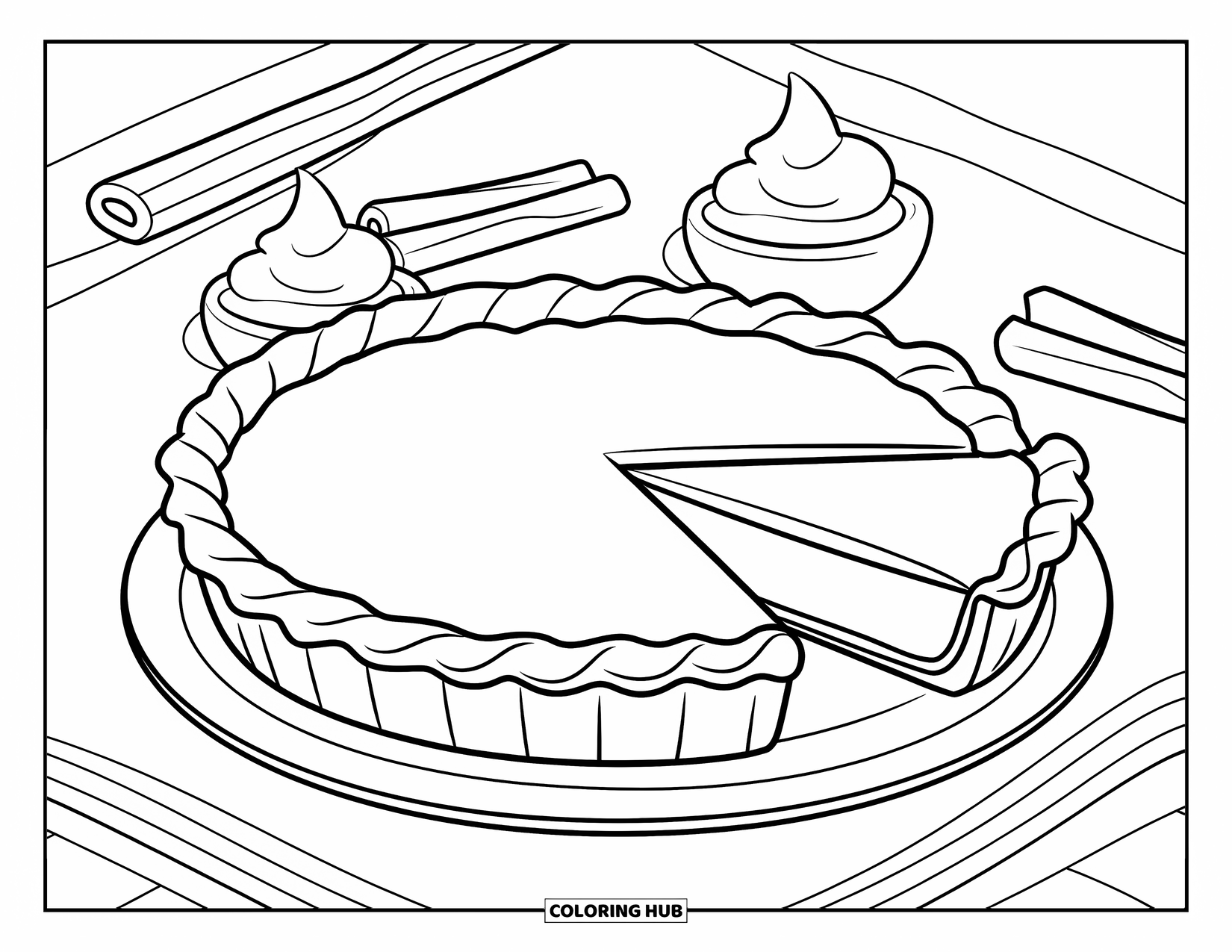 Thanksgiving Food Coloring Page for Kids: A pumpkin pie with a slice cut out sits with whipped cream and cinnamon