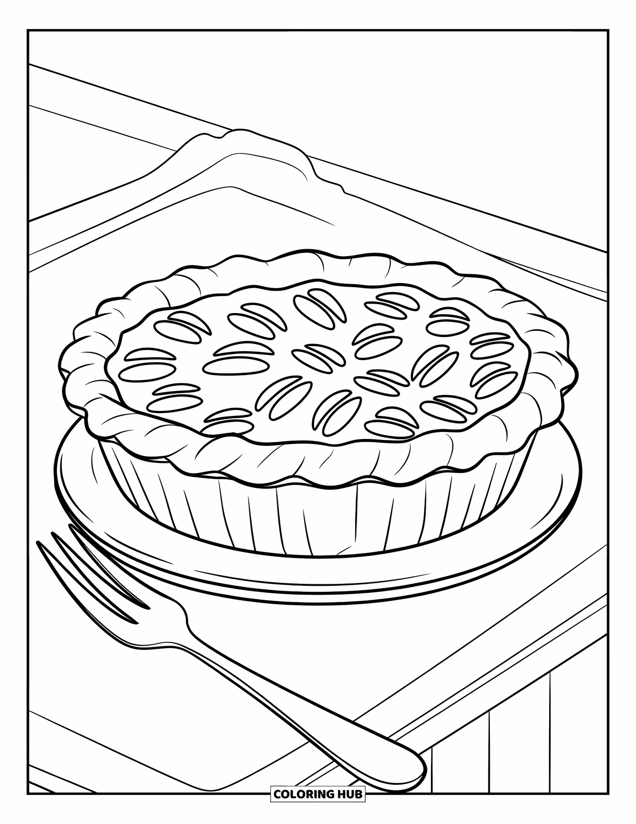 Thanksgiving Food Coloring Page for Kids: A simple plate holds pecan pie and a fork on a clean background
