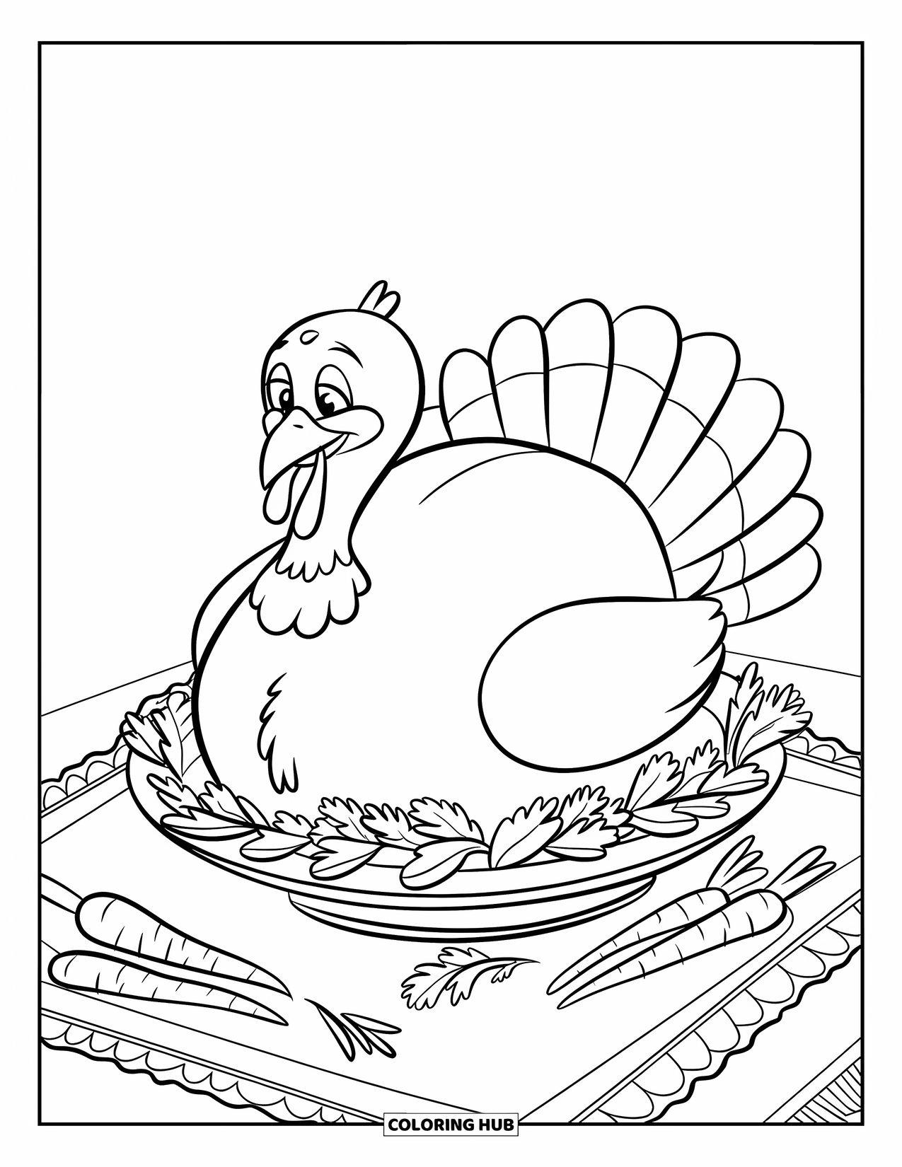 Thanksgiving Food Coloring Page for Kids: A smiling turkey sits on a leaf-decorated platter with carrots and parsley