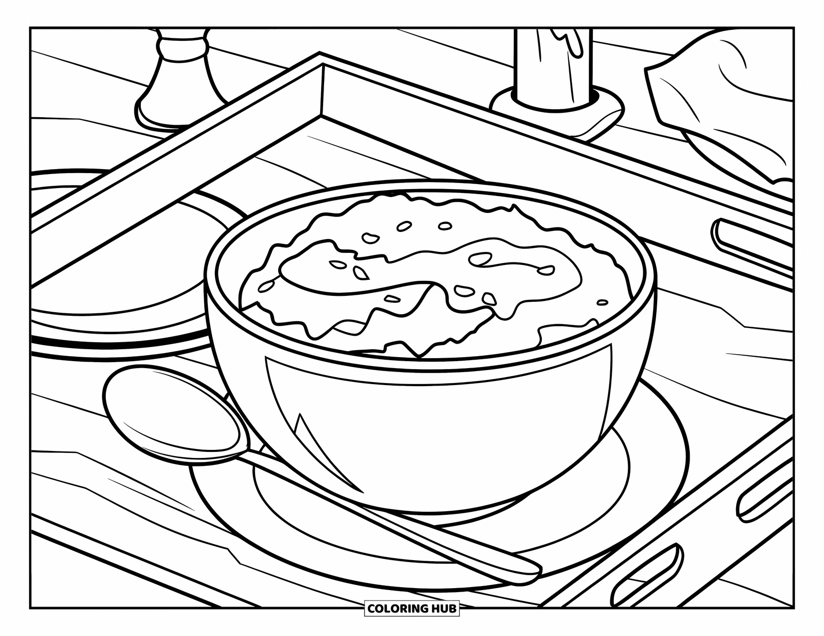 Thanksgiving Food Coloring Page for Kids: A spoon and candle sit near mashed potatoes on a tray