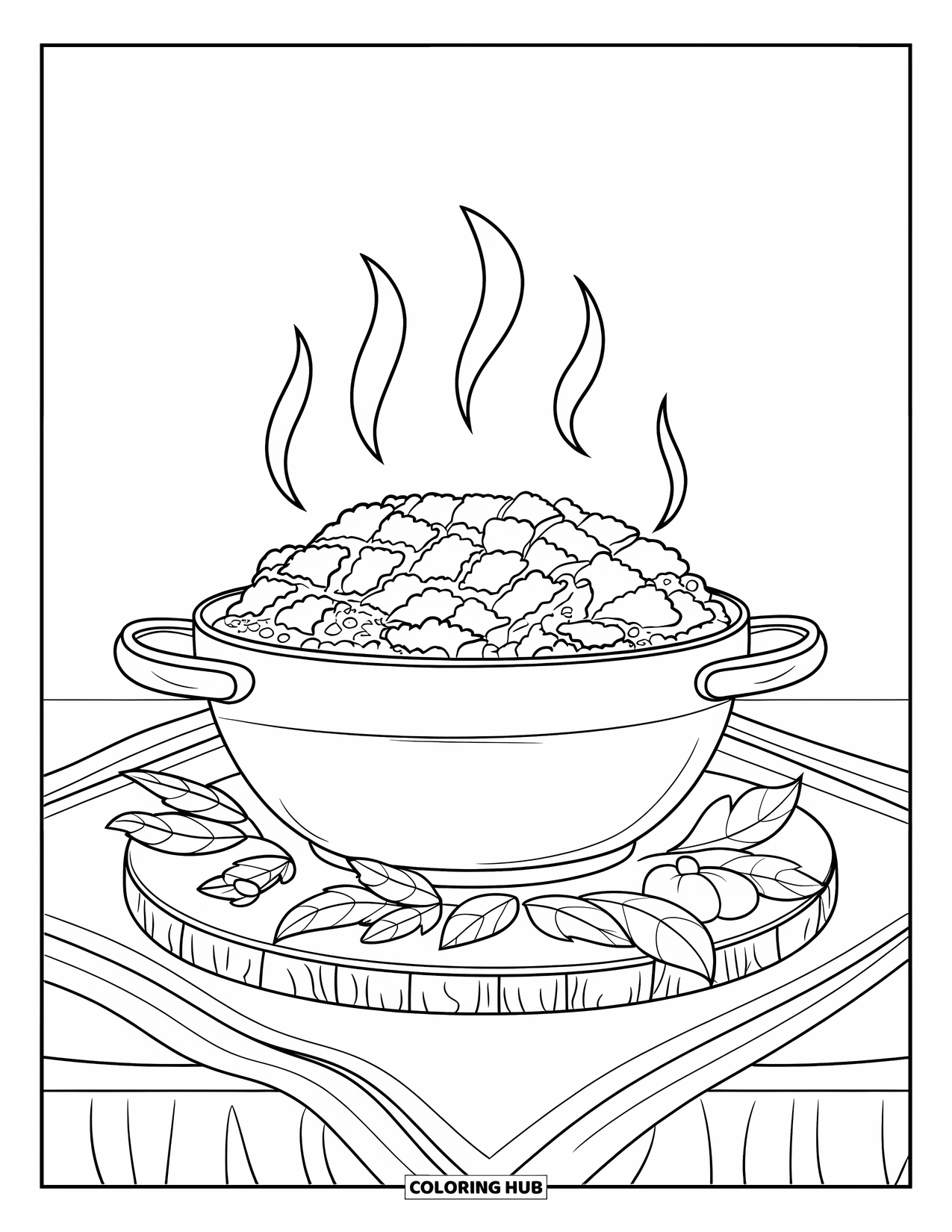 Thanksgiving Food Coloring Page for Kids: A steaming bowl of stuffing sits on a table surrounded by autumn decor
