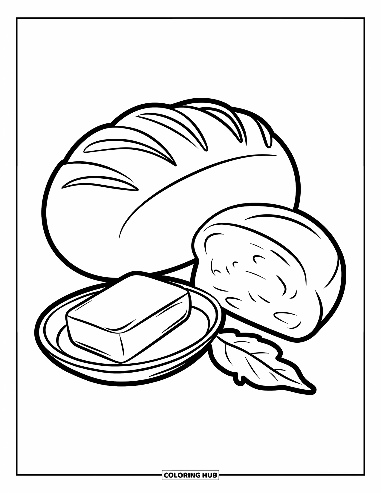 Thanksgiving Food Coloring Page for Kids: A toasted roll and butter dish sit beside a single leaf