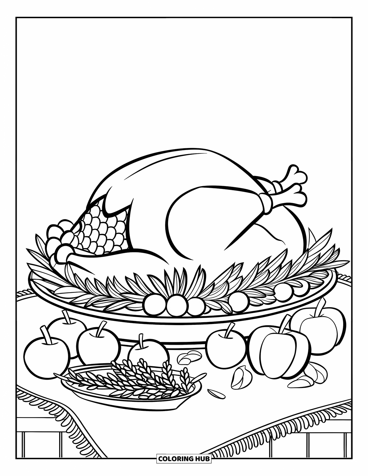 Thanksgiving Food Coloring Page for Kids: A turkey is surrounded by herbs, apples, oranges, and onions on a platter
