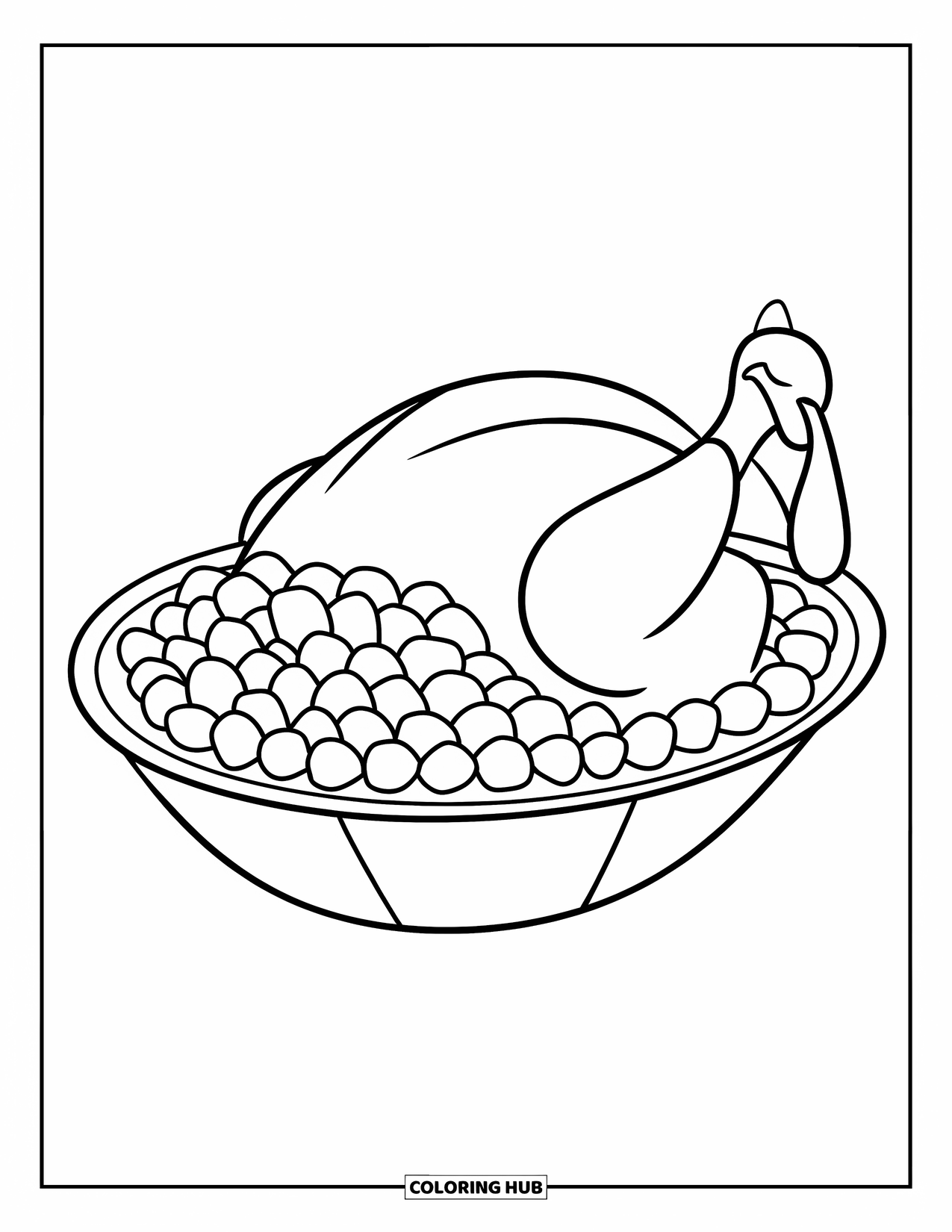 Thanksgiving Food Coloring Page for Kids: A turkey-shaped dish holds cranberry sauce with bold, cheerful lines