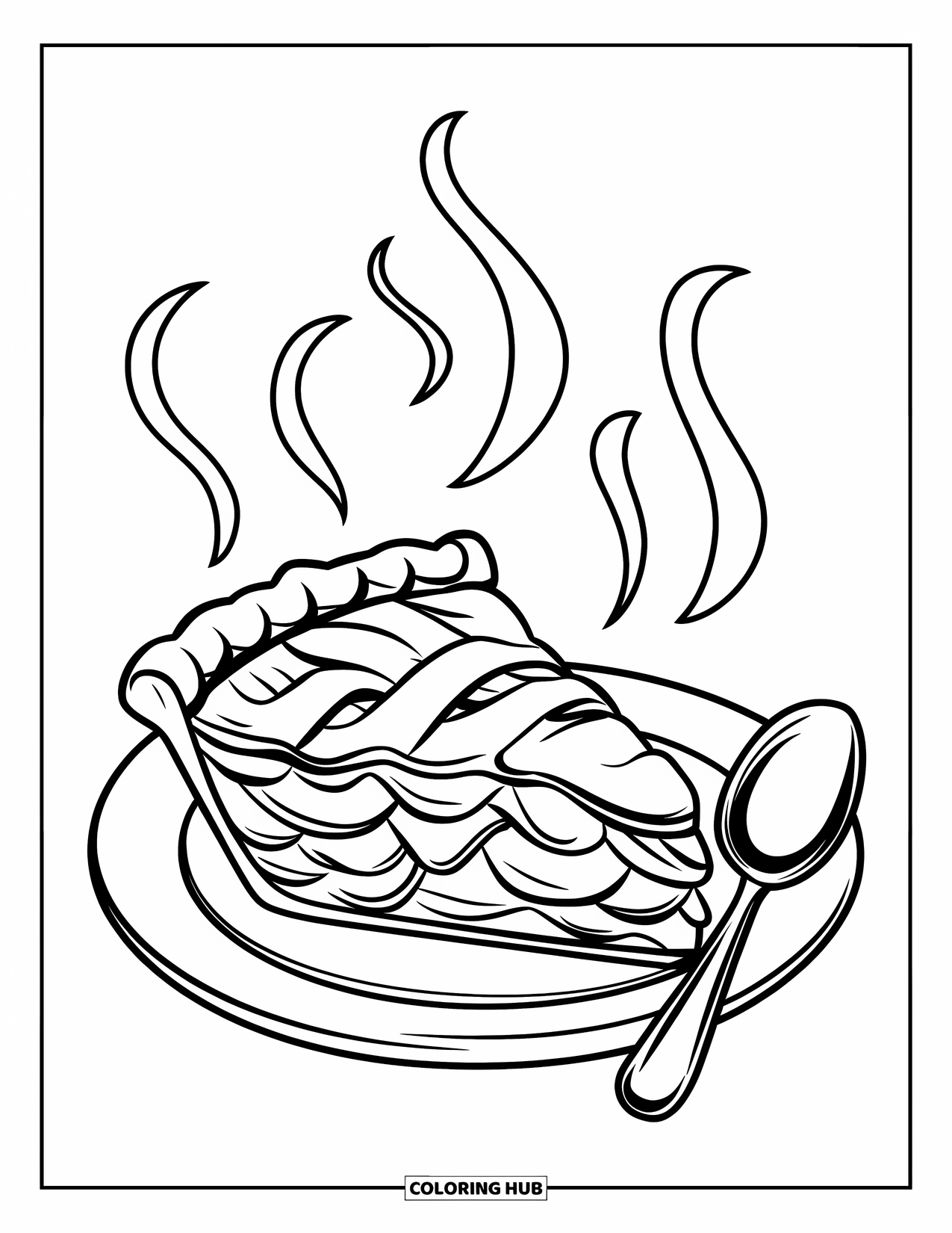 Thanksgiving Food Coloring Page for Kids: An apple pie slice steams on a plate with a spoon nearby