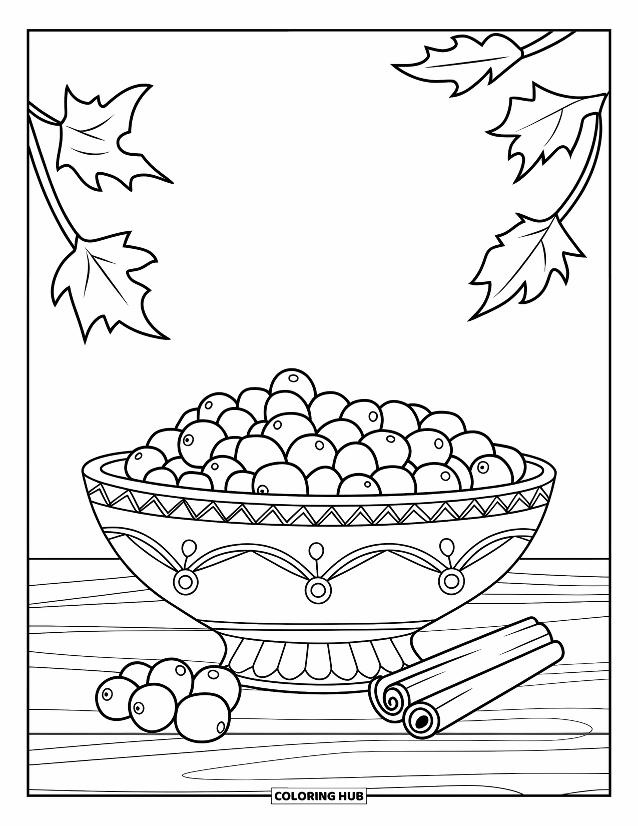 Thanksgiving Food Coloring Page for Kids: Cranberry relish sits in a patterned bowl with leaves and cinnamon around it