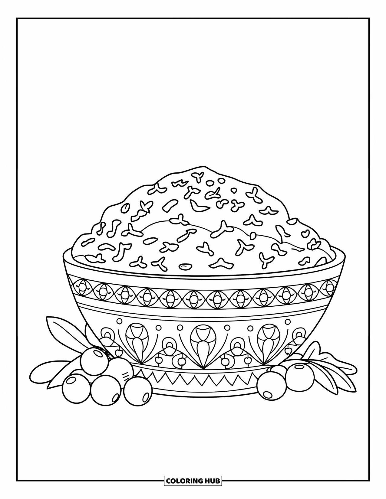 Thanksgiving Food Coloring Page for Kids: Cranberry relish with orange zest rests in a bowl surrounded by cranberries