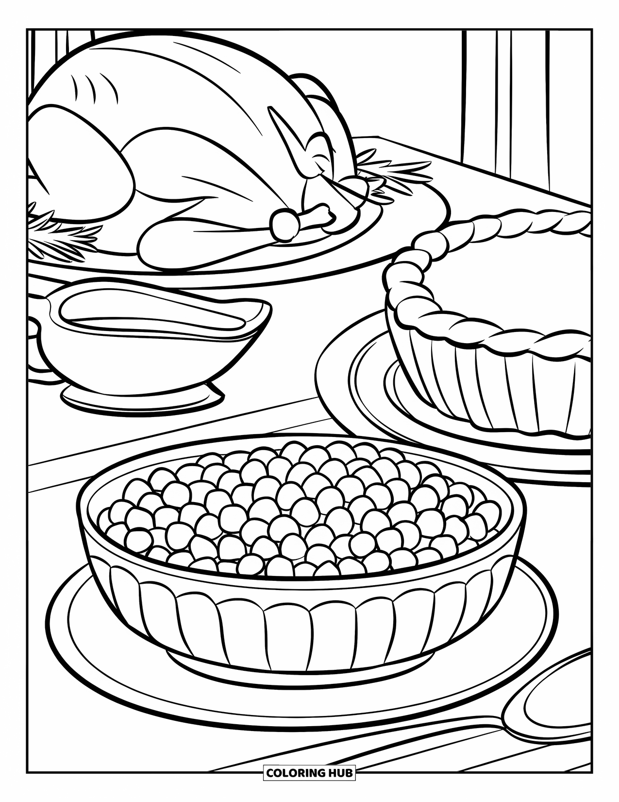 Thanksgiving Food Coloring Page for Kids: Cranberry sauce sits near a turkey, pie, and gravy boat