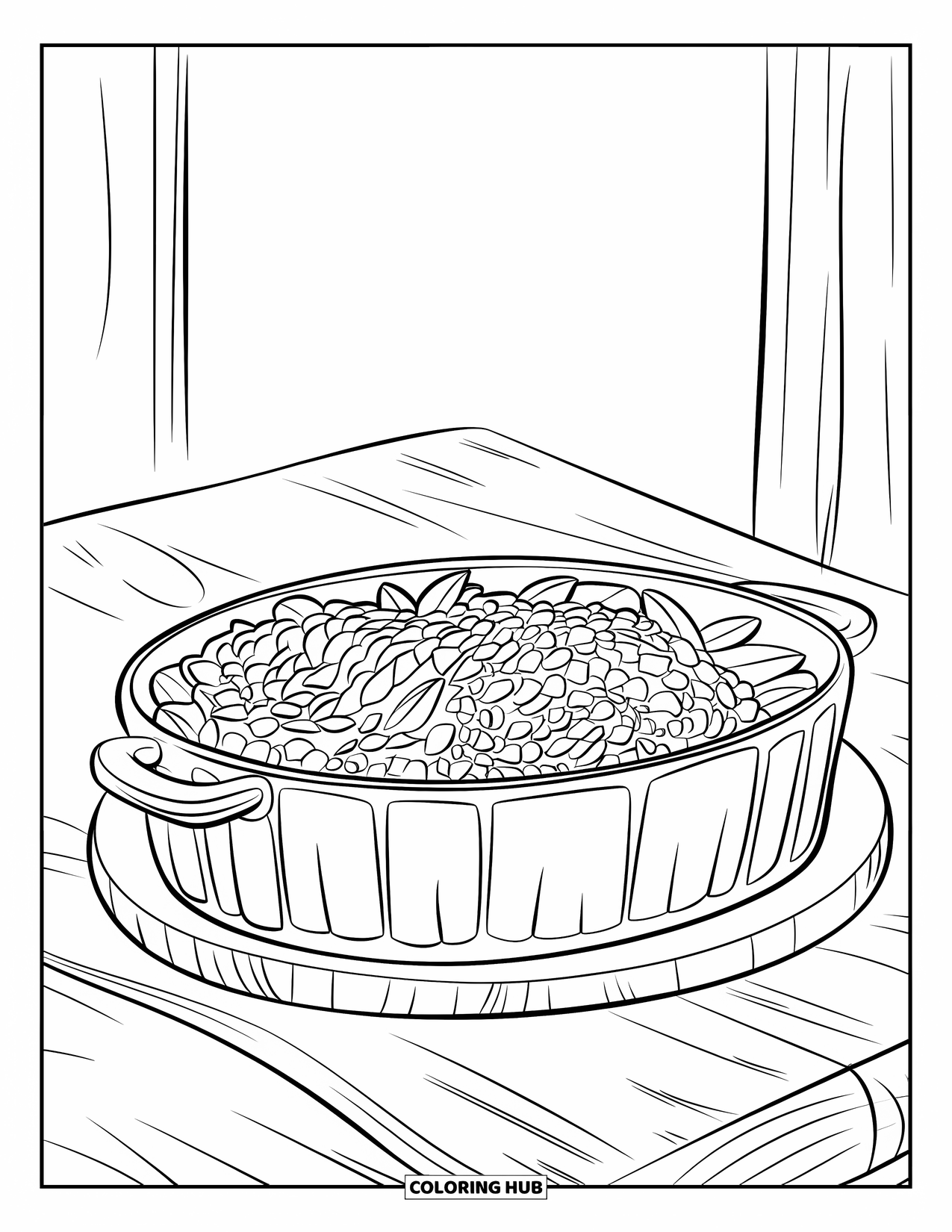 Thanksgiving Food Coloring Page for Kids: Crispy-topped green beans rest in a dish on a wooden board