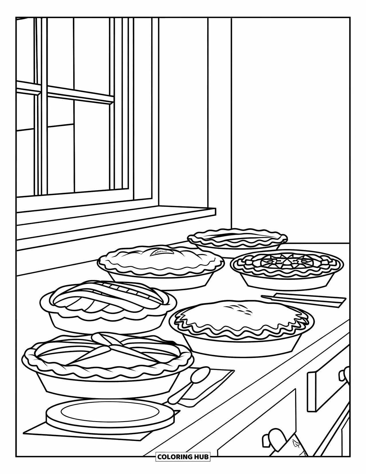 Thanksgiving Food Coloring Page for Kids: Freshly baked pies rest on a counter near a window and utensils