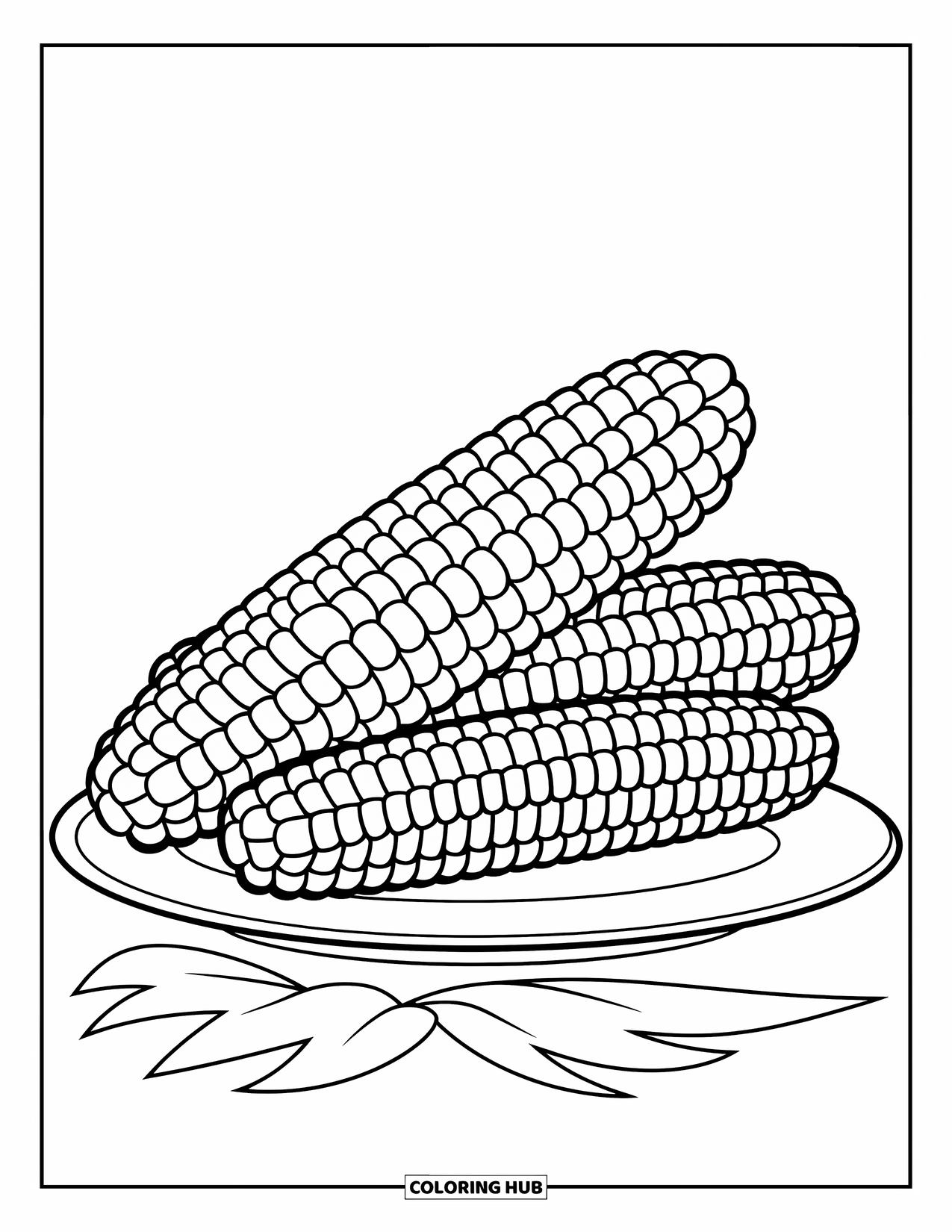 Thanksgiving Food Coloring Page for Kids: Golden corn cobs are stacked next to a plate with a green leaf