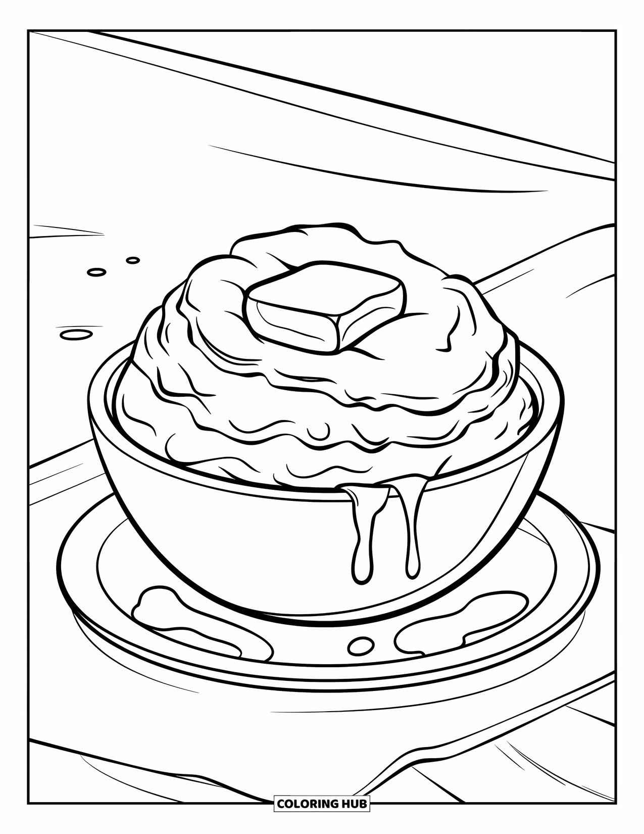 Thanksgiving Food Coloring Page for Kids: Gravy drips sit near mashed potatoes with butter on top