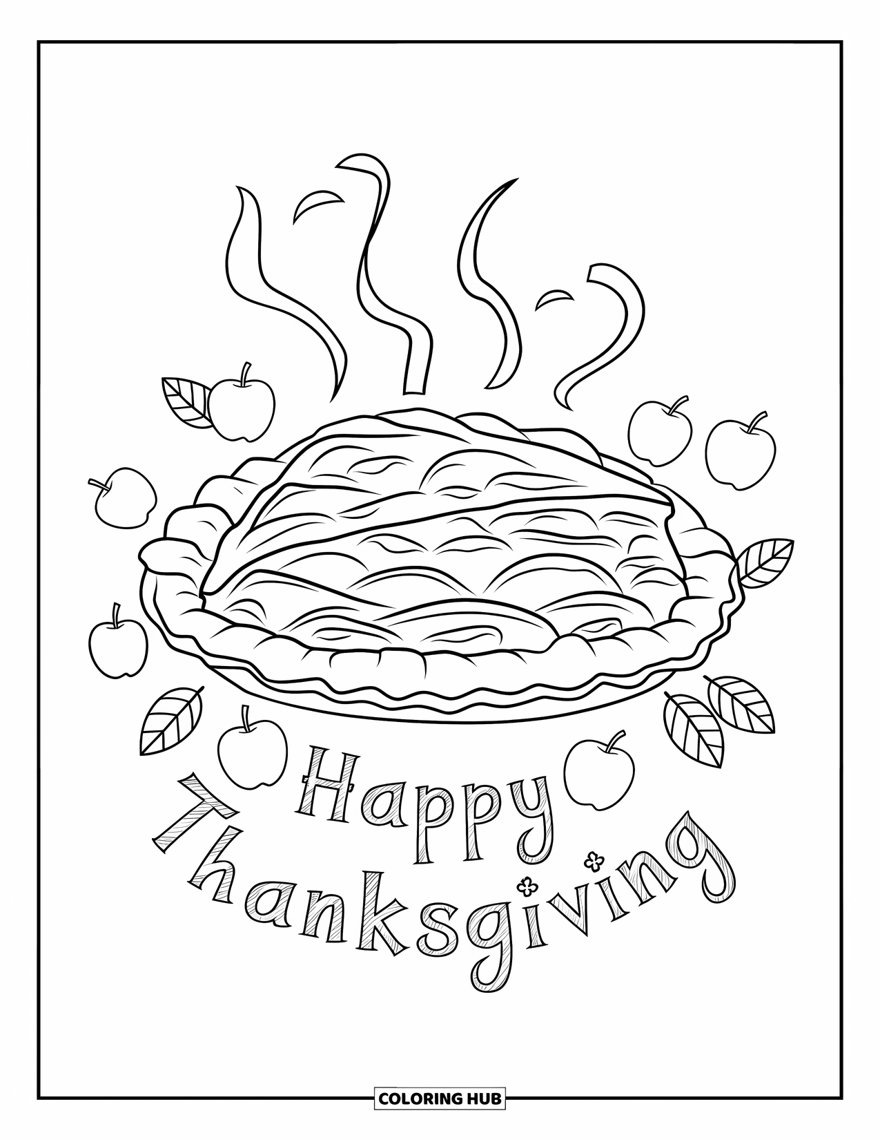 Thanksgiving Food Coloring Page for Kids: Leaves, apples, and pie decorate a scene with a "Happy Thanksgiving" sign
