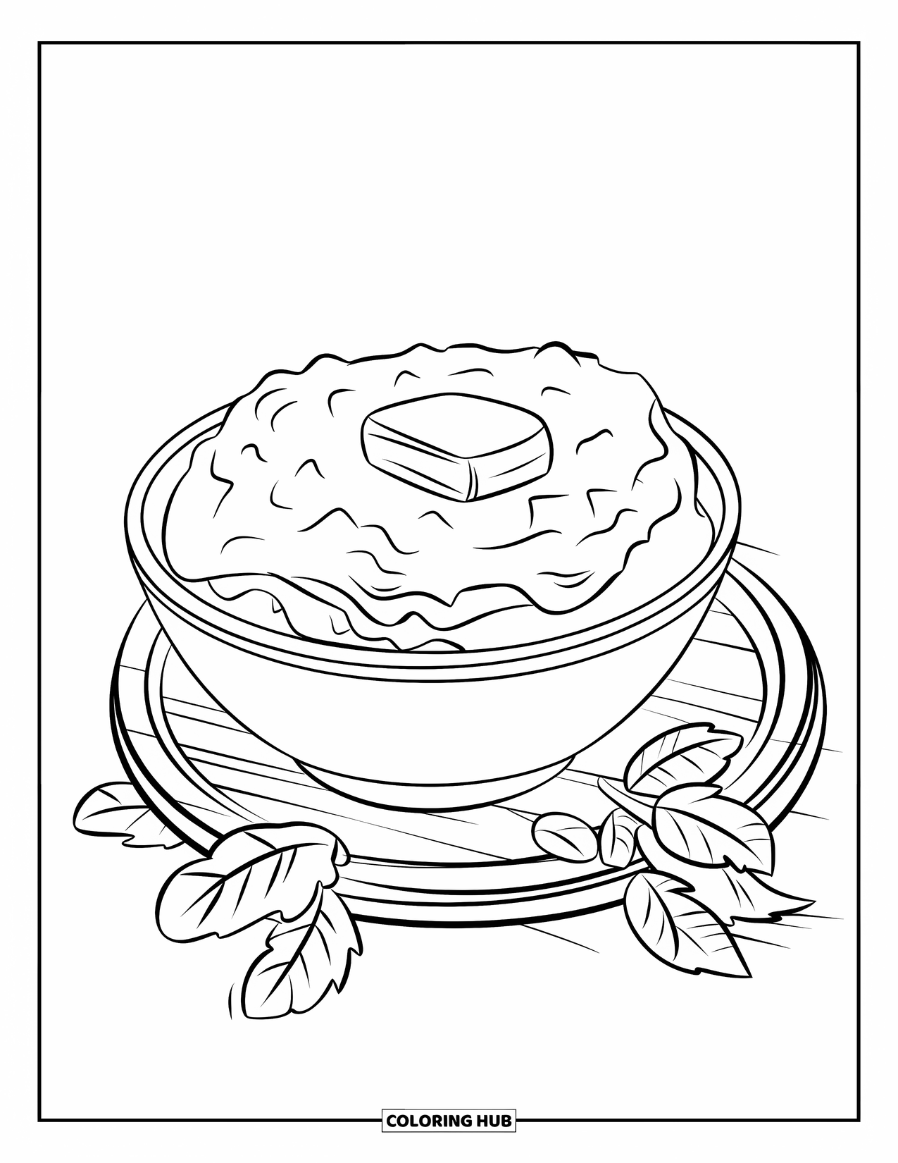 Thanksgiving Food Coloring Page for Kids: Mashed potatoes with butter sit in a bowl surrounded by leaves