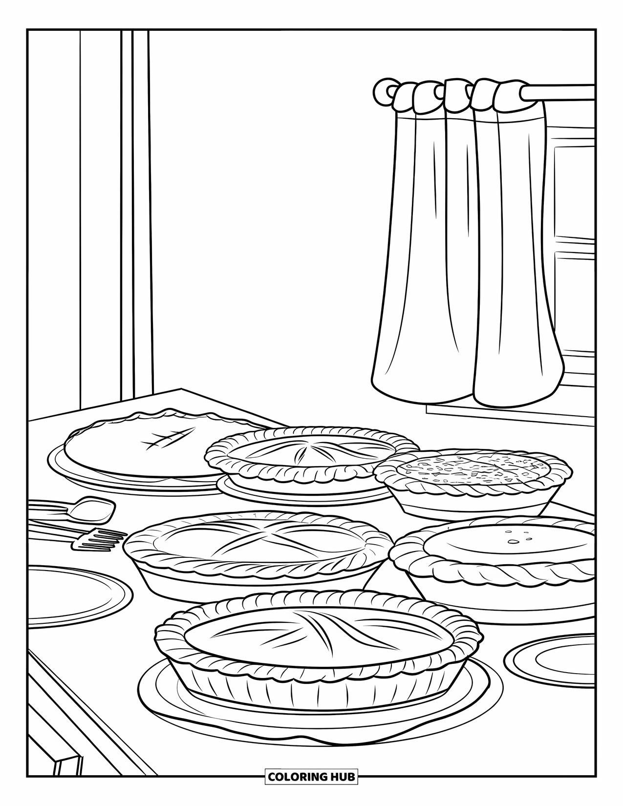 Thanksgiving Food Coloring Page for Kids: Pies cool on a kitchen counter surrounded by utensils and a curtained window